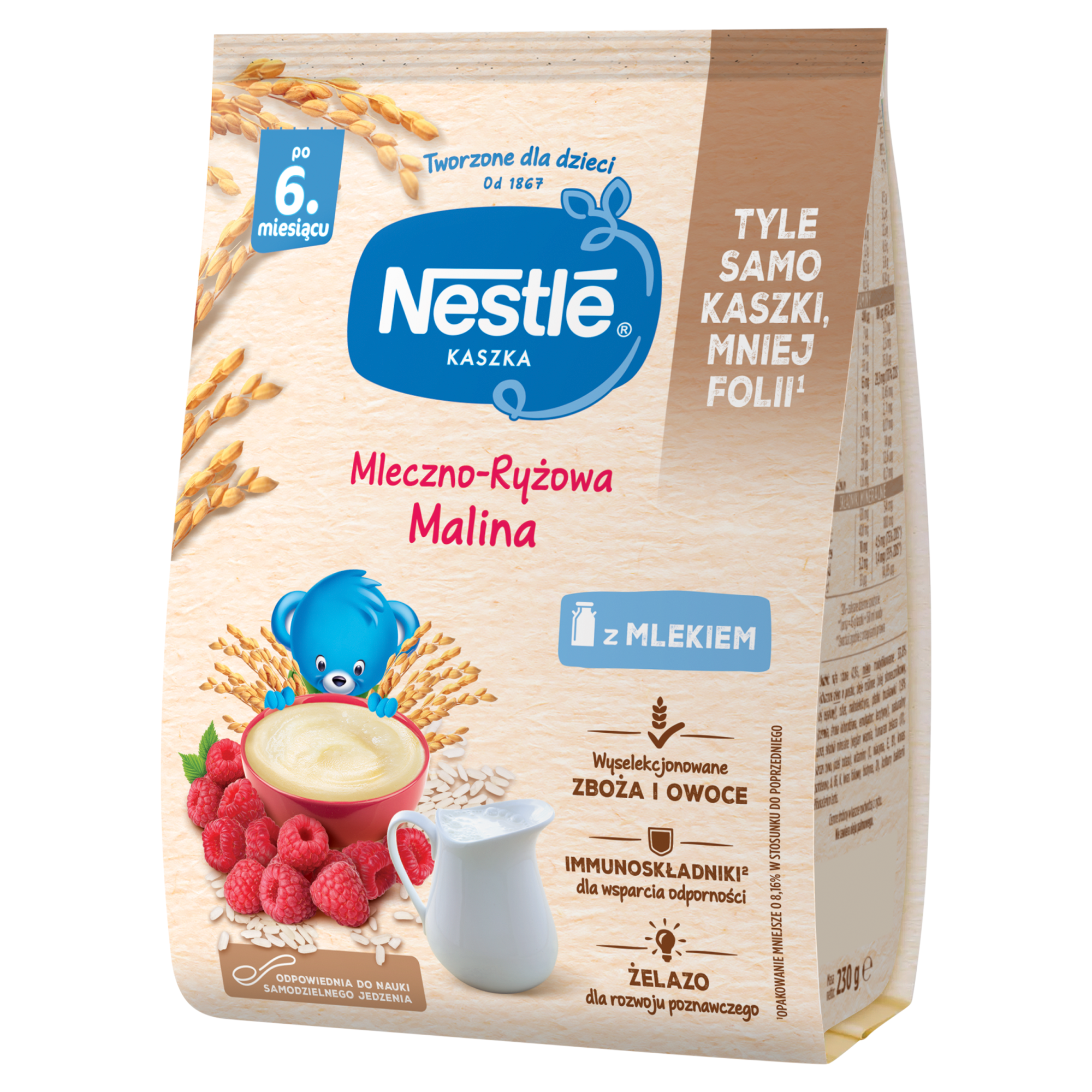 Nestle Kaszka mleczno-ryżowa malina po 6. miesiącu - 230 g - cena, opinie, ważne informacje zdjęcie
