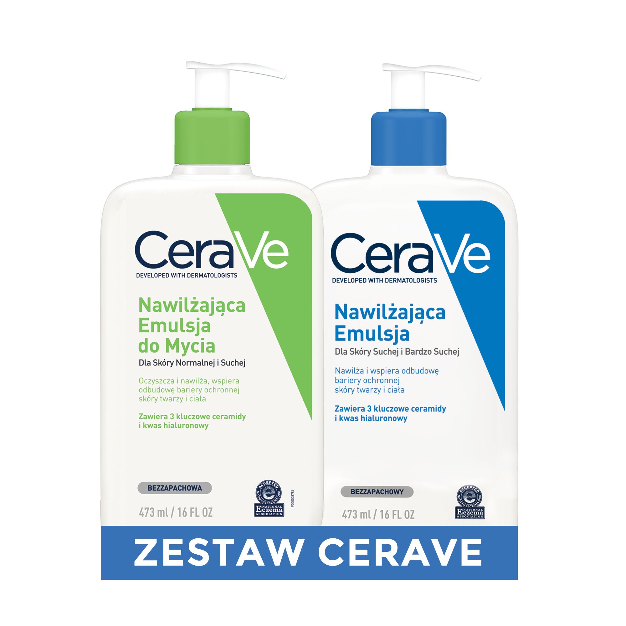 CERAVE Nawilżająca Emulsja do Mycia z ceramidami dla skóry normalnej i suchej, 473 ml + CERAVE Nawilżająca emulsja do twarzy i ciała do skóry suchej i bardzo suchej, 473 ml zdjęcie