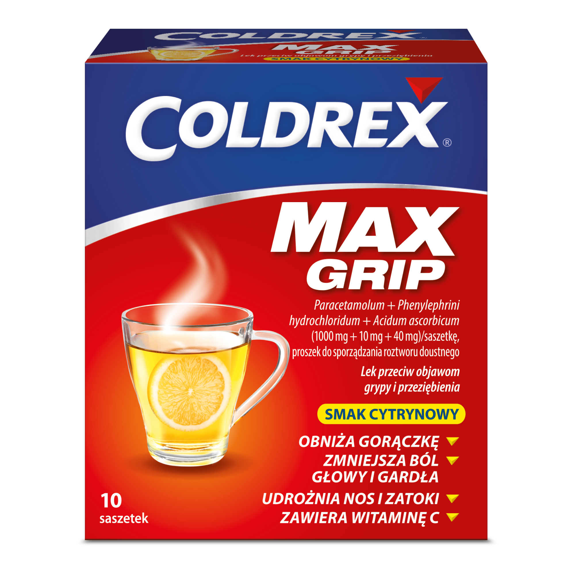 Coldrex MaxGrip 1000 mg + 10 mg + 40 mg o smaku cytrynowym 10 saszetek zdjęcie