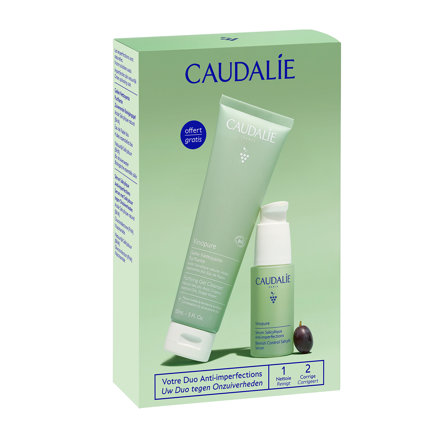 Caudalie Vinopure Zestaw Serum 30 ml, Żel myjący 150 ml