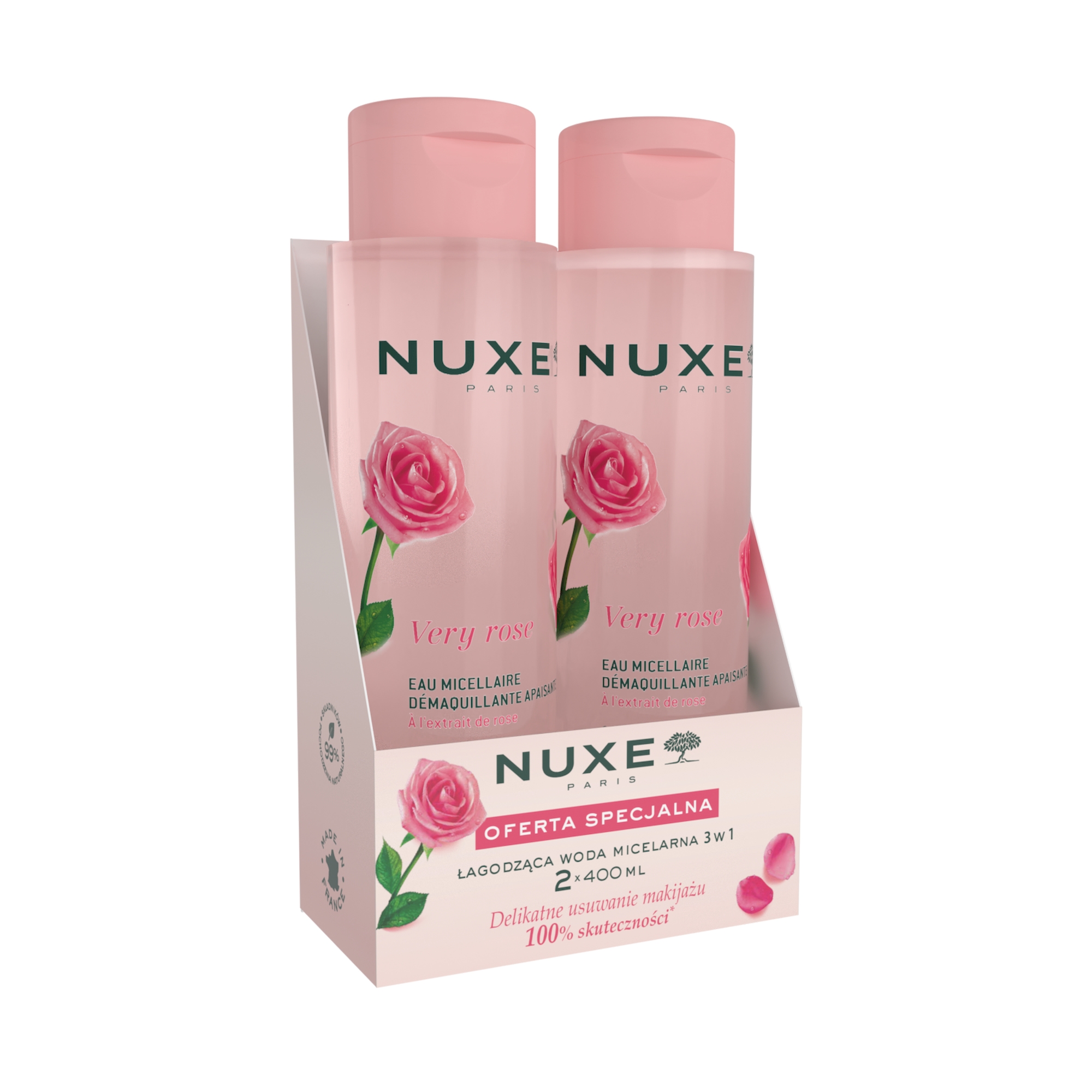 Nuxe Very Rose, zestaw łagodząca woda micelarna 3w1, 2 x 400 ml