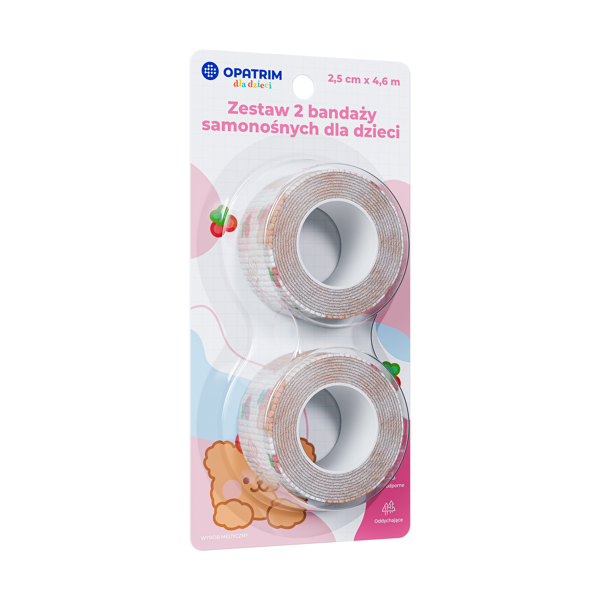 Zestaw 2 bandaży samonośnych dla dzieci 2,5 cm x 4,5 m, kolor różowy