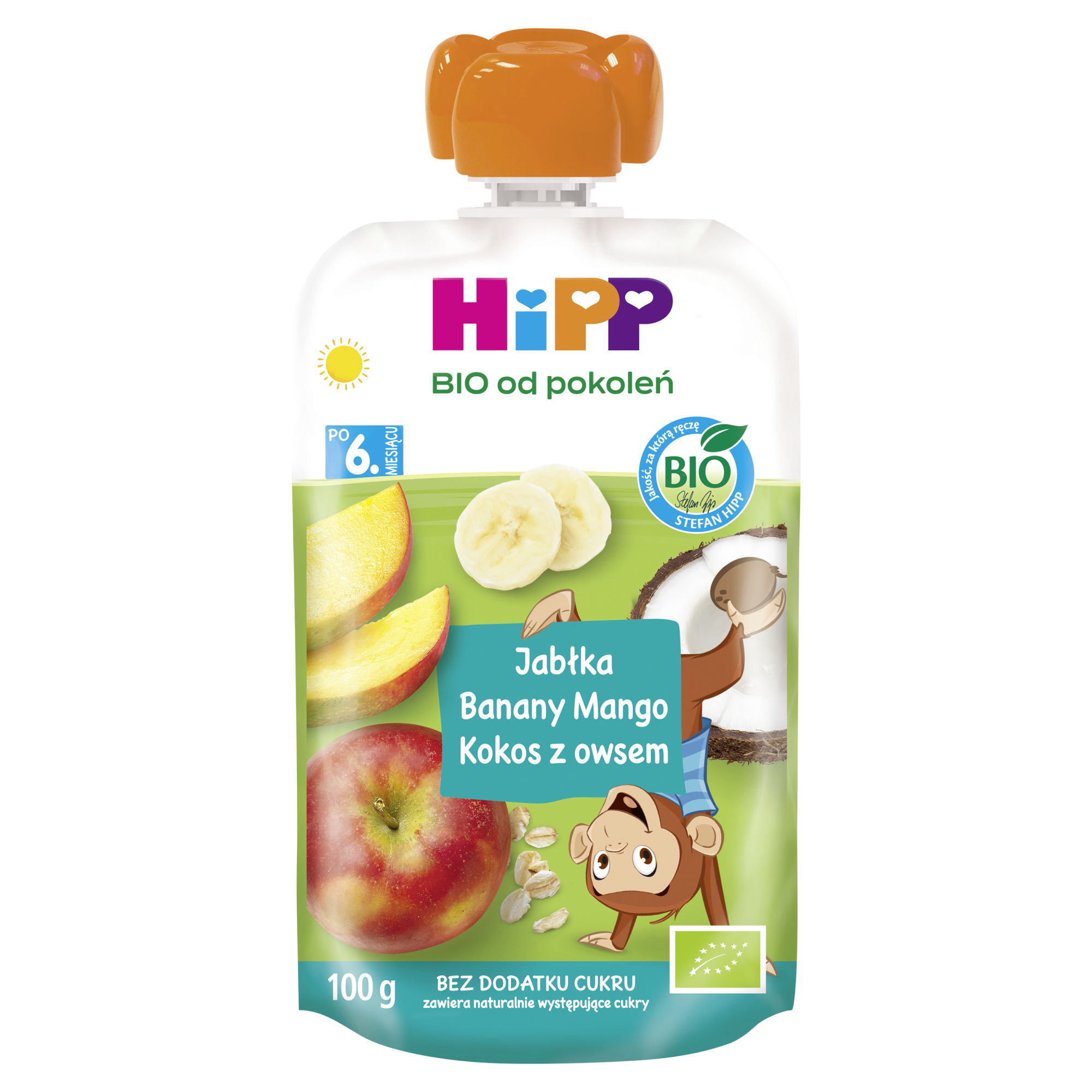 HiPP BIO od pokoleń, Jabłka-Banany-Mango-Kokos, po 6. m-cu, 100 g, cena, opinie, składniki zdjęcie