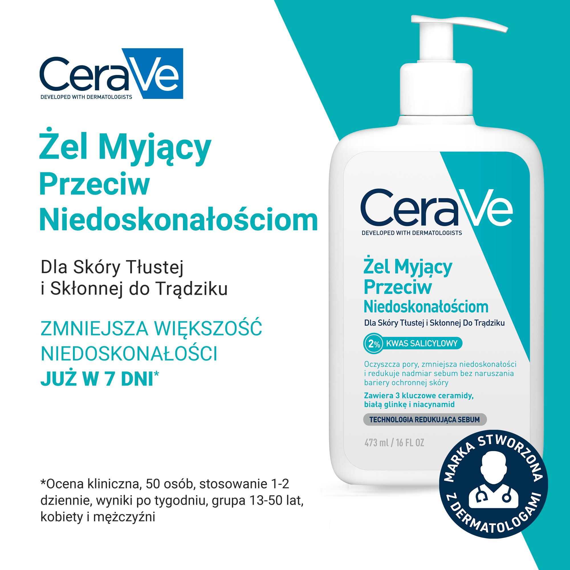 Cerave, Żel myjący przeciw niedoskonałościom dla skóry tłustej i skłonnej do trądziku, 473 ml