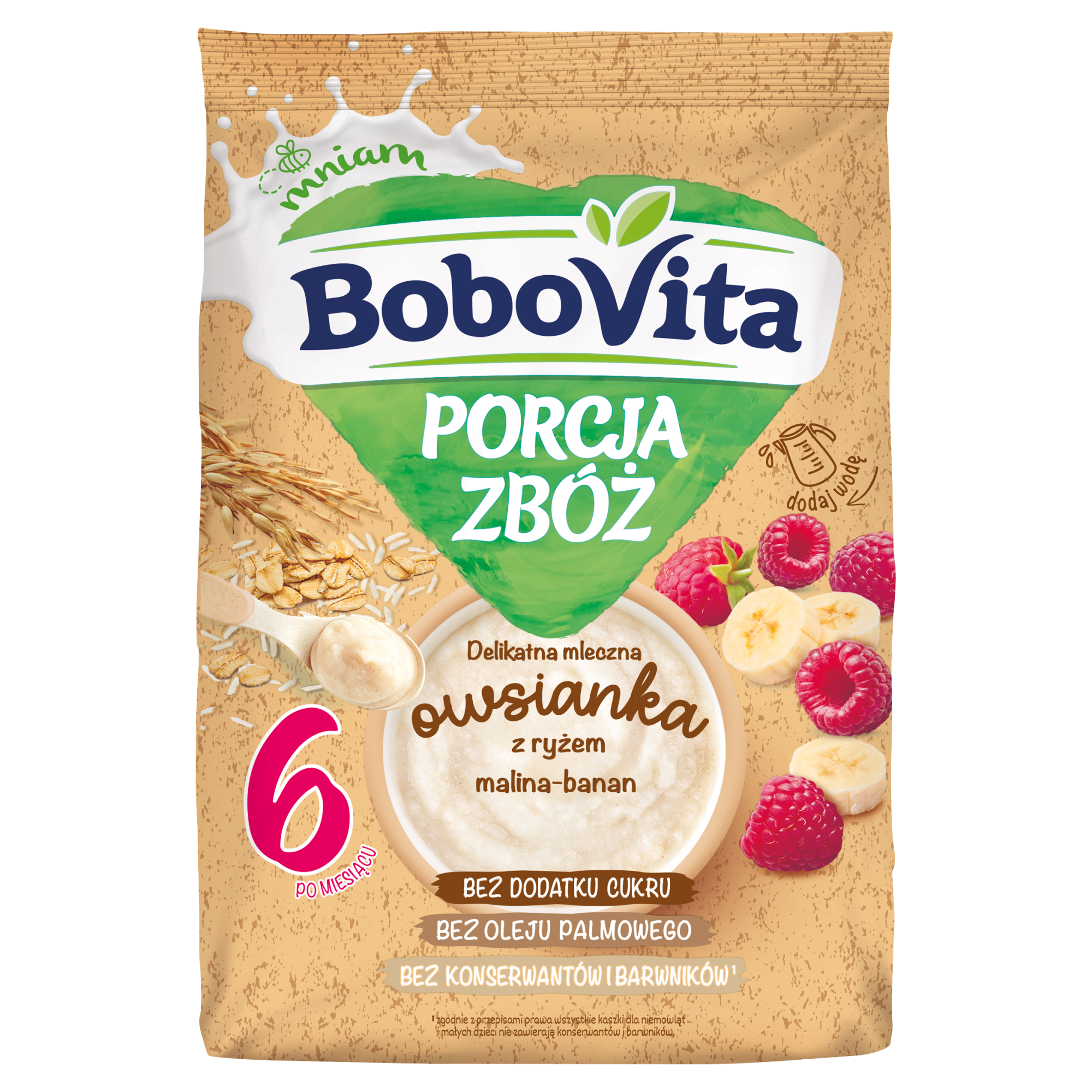 BoboVita Porcja Zbóż Delikatna Mleczna Owsianka z ryżem malina-banan po 6. miesiącu, 210 g zdjęcie