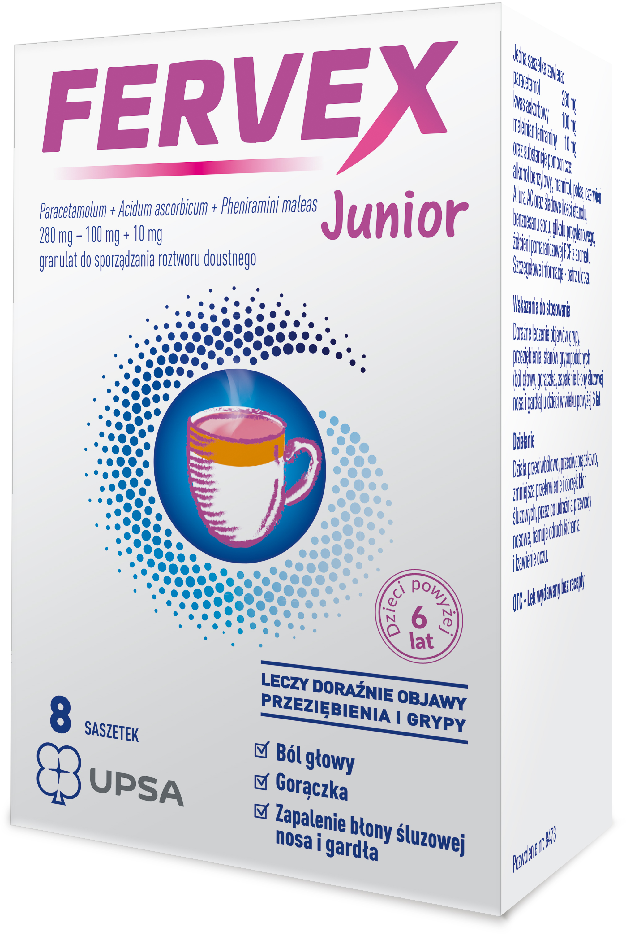 Fervex Junior 280 mg + 10 mg + 100 mg granulat do sporządzania roztworu doustnego smak malinowy 8 saszetek zdjęcie