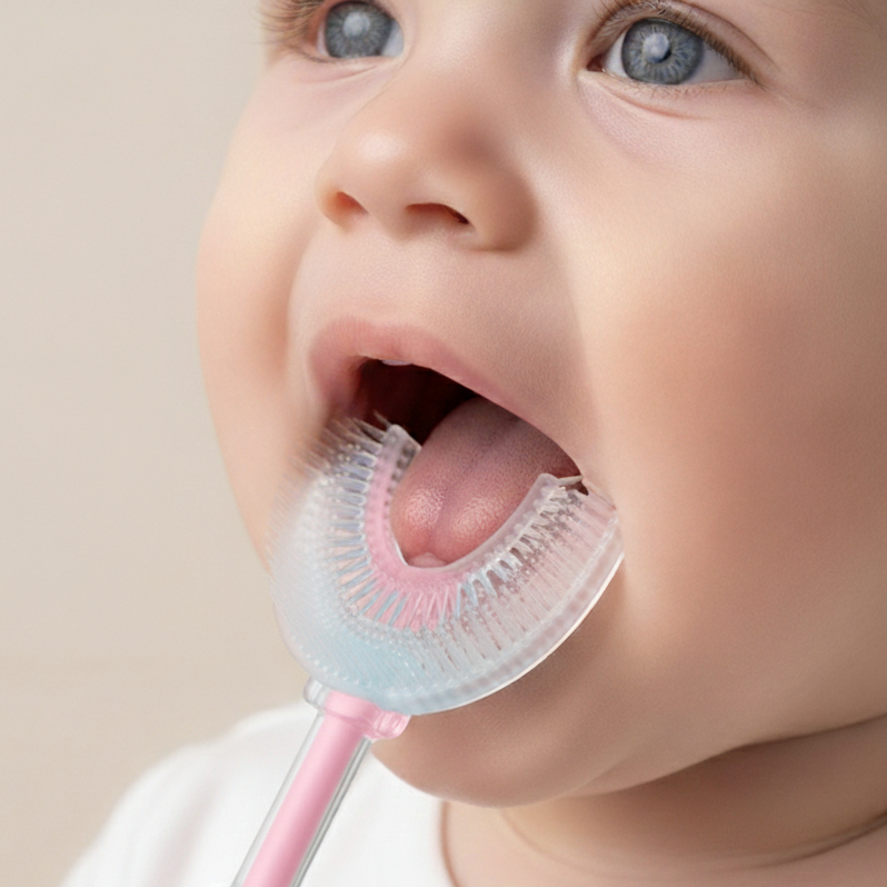 Bocioland, silikonowa szczoteczka do zębów w kształcie U różowa, 1 sztuka