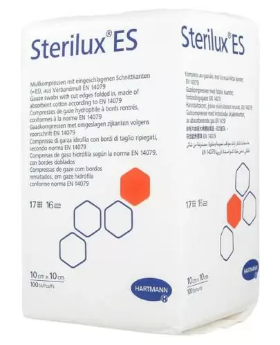 Hartmann Sterilux ES kompresy niejałowe z gazy bawełniane 17 nitek 16 warstw 10x10 cm 100 sztuk zdjęcie