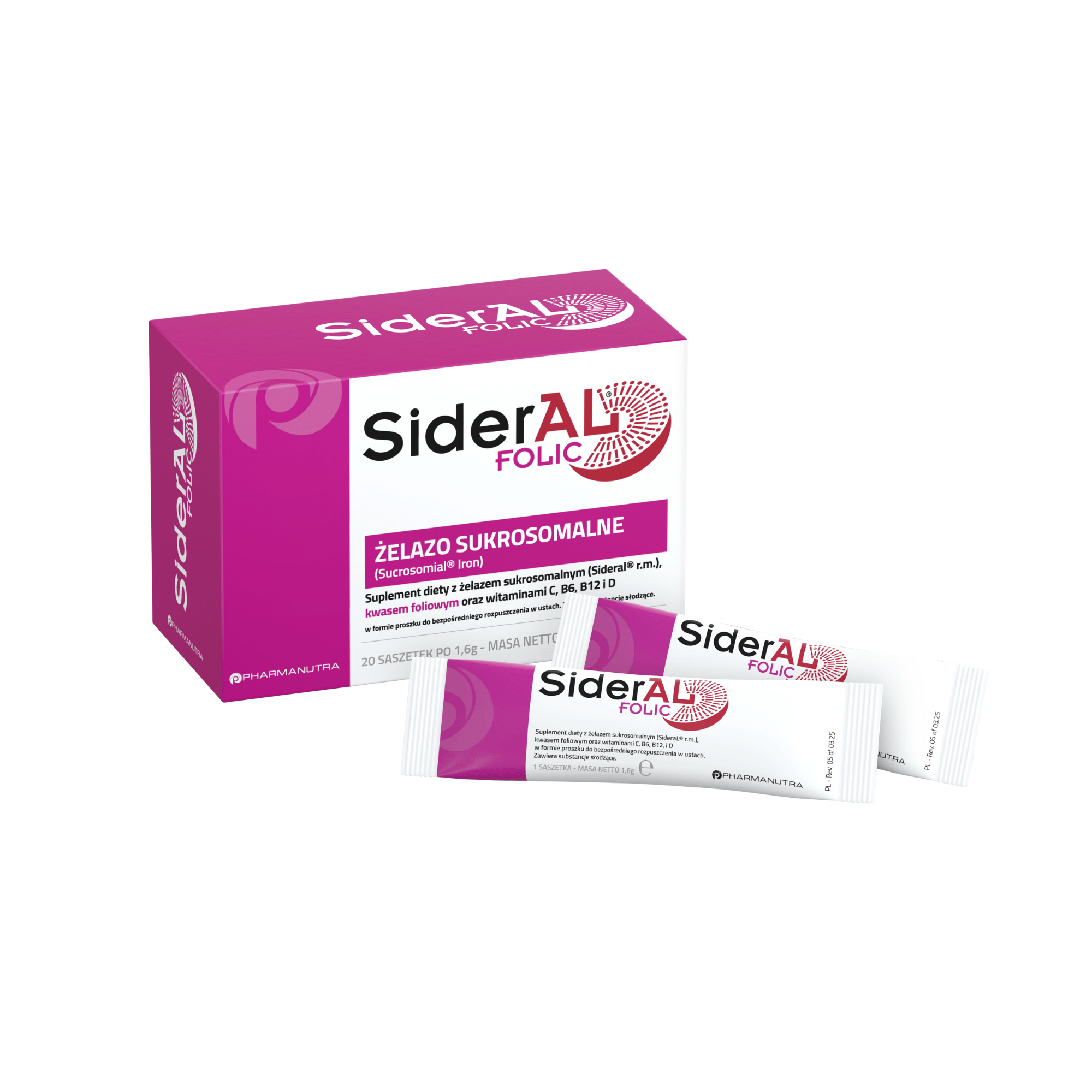 SiderAL FOLIC, żelazo sukrosomalne, kwas foliowy, witaminy, 20 saszetek zdjęcie