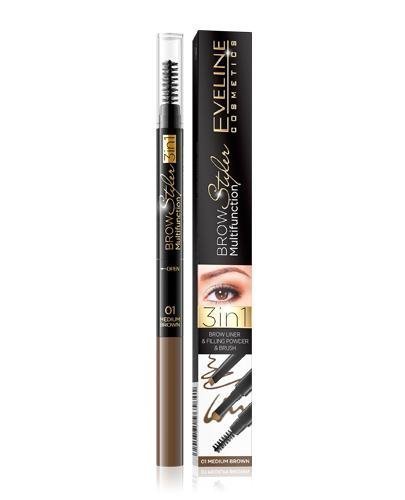 EVELINE COSMETICS BROW STYLER MULTIFUNCTION Kredka do brwi 3w1, nr 01 Medium Brown, 1 szt., cena, opinie, właściwości zdjęcie