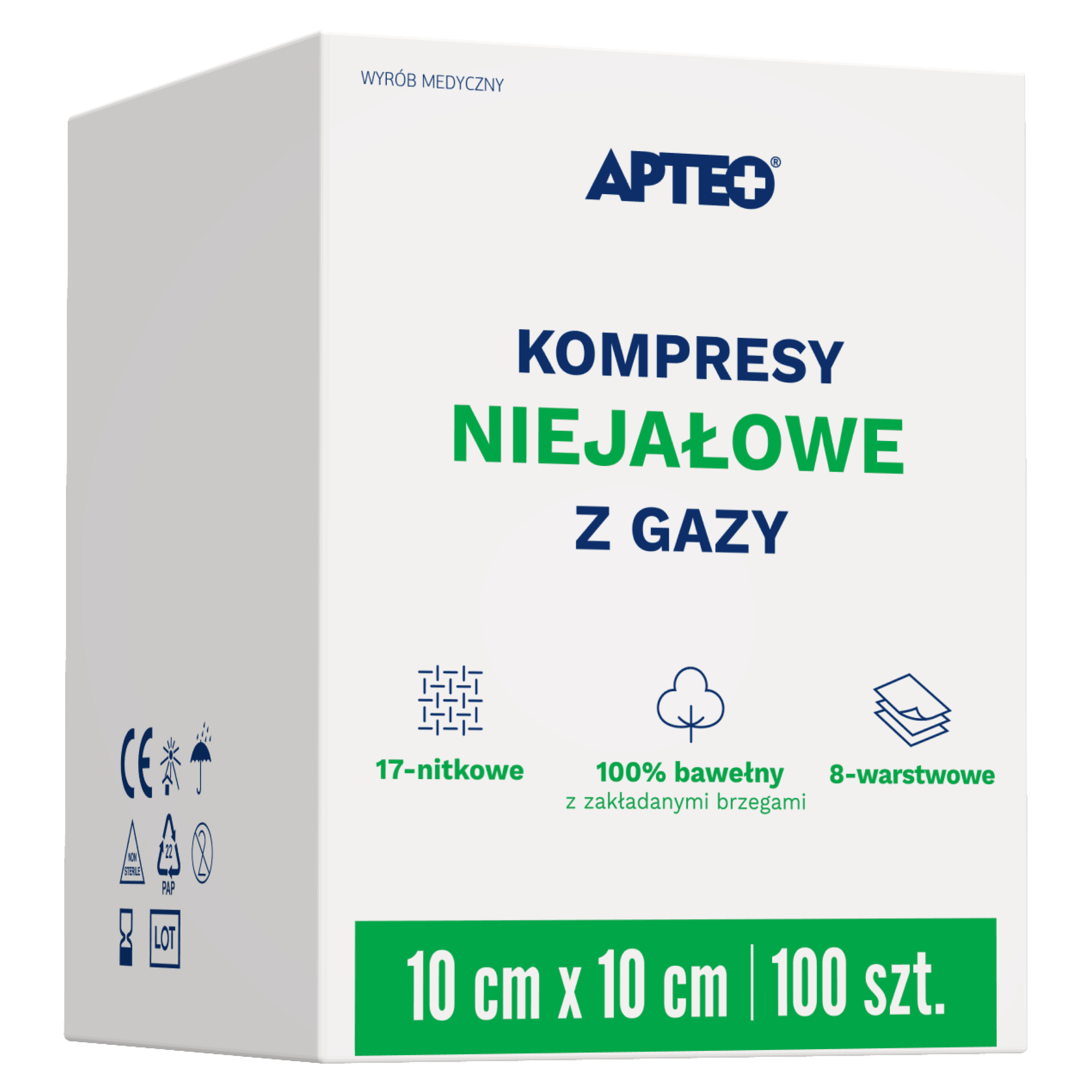 Apteo Care niejałowe kompresy z gazy 10cm x 10cm 100 sztuk zdjęcie