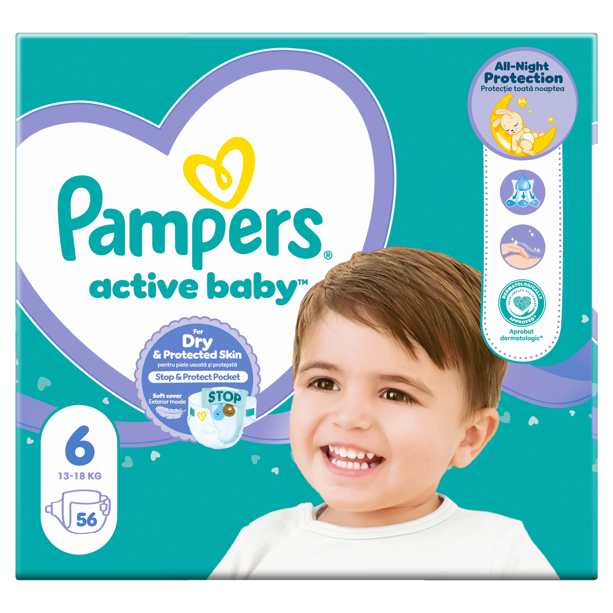 PAMPERS ACTIVE BABY-DRY 6 EXTRA LARGE 13-18 kg Pieluchy - 56 sztuk zdjęcie