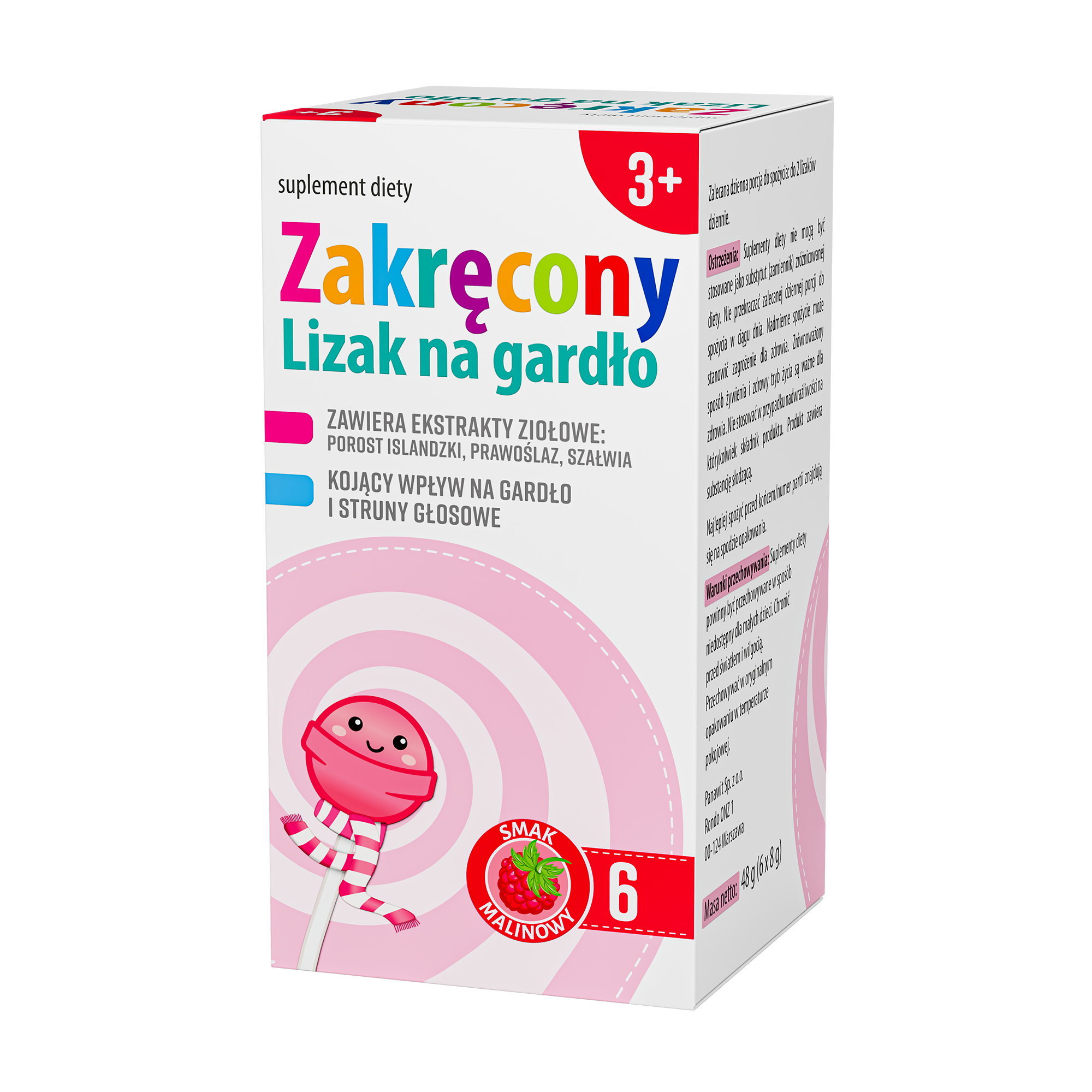 Zakręcony lizak na gardło smak malinowy, 6 sztuk