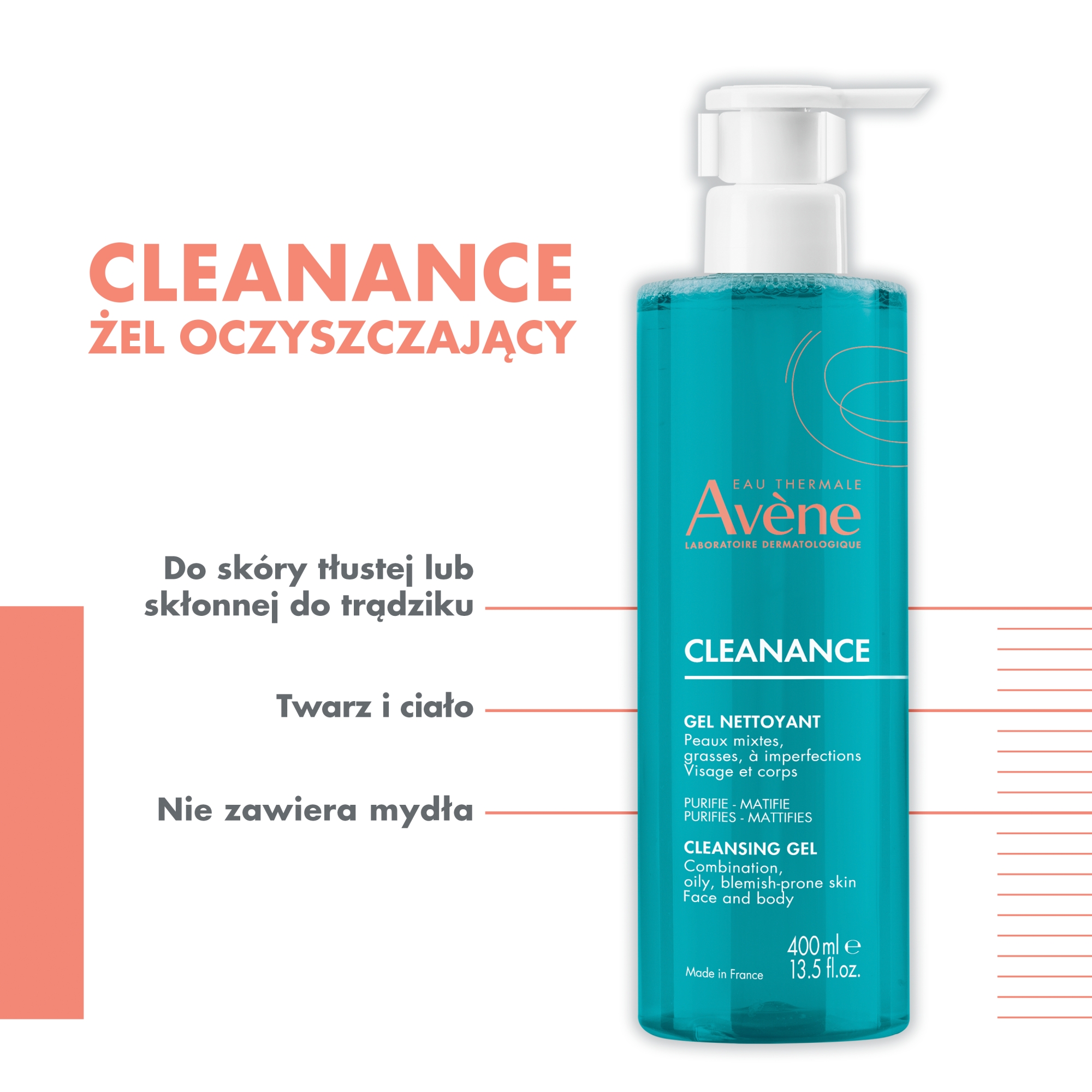 Avene Cleanance, żel oczyszczający do twarzy, skóra trądzikowa, 400 ml