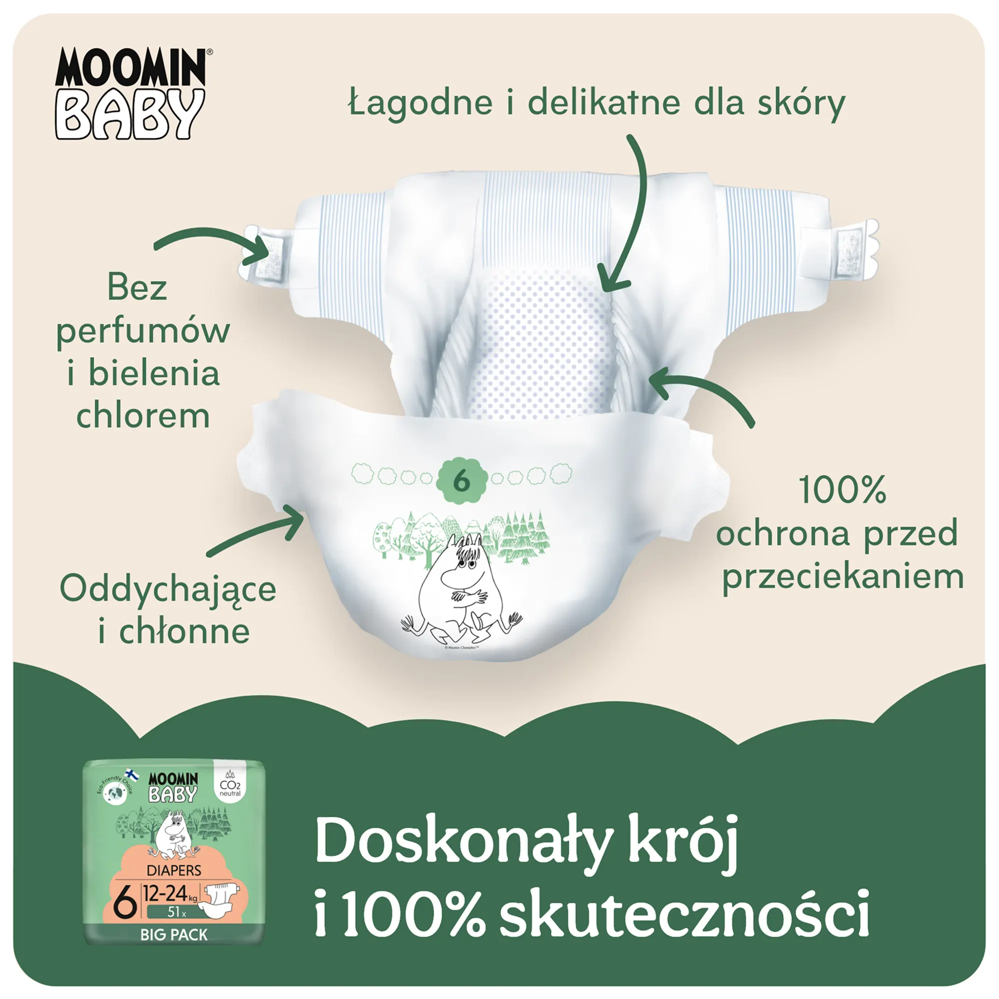 MOOMIN BABY pieluszki ekologiczne 6 (12-24kg) 51 sztuk