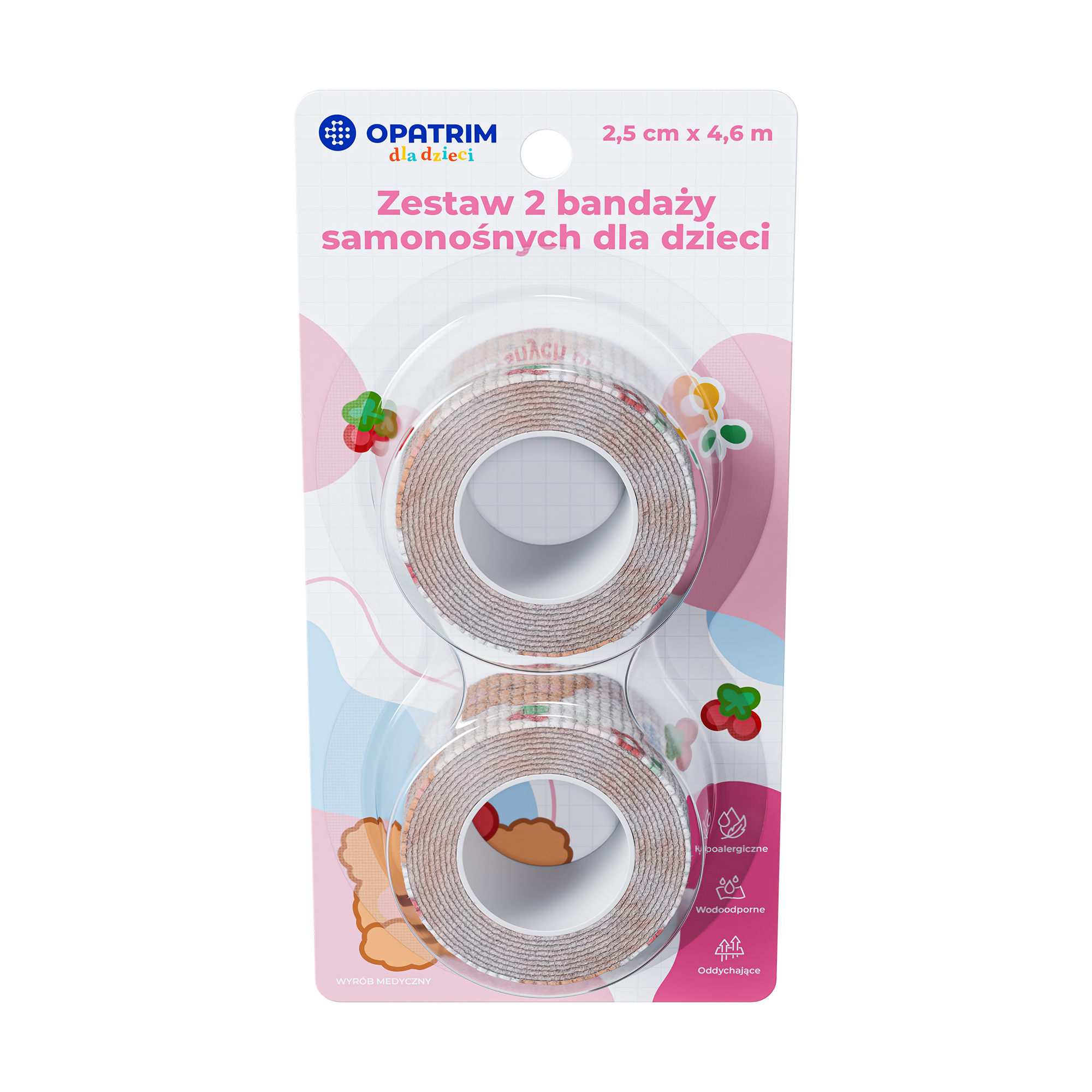 Zestaw 2 bandaży samonośnych dla dzieci 2,5 cm x 4,5 m, kolor różowy