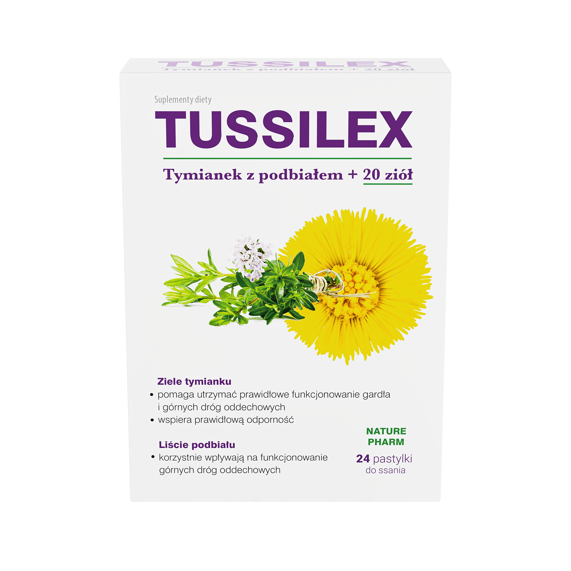 Tussilex Tymianek Z Podbiałem + 20 Ziół, pastylki do ssania, 24 sztuki