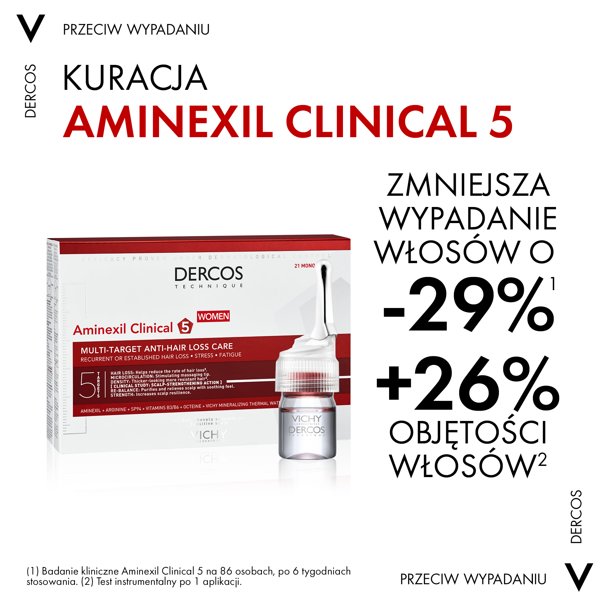Vichy Dercos Aminexil Clinical 5, kuracja przeciw wypadaniu włosów dla kobiet, 6 ml, 21 ampułek