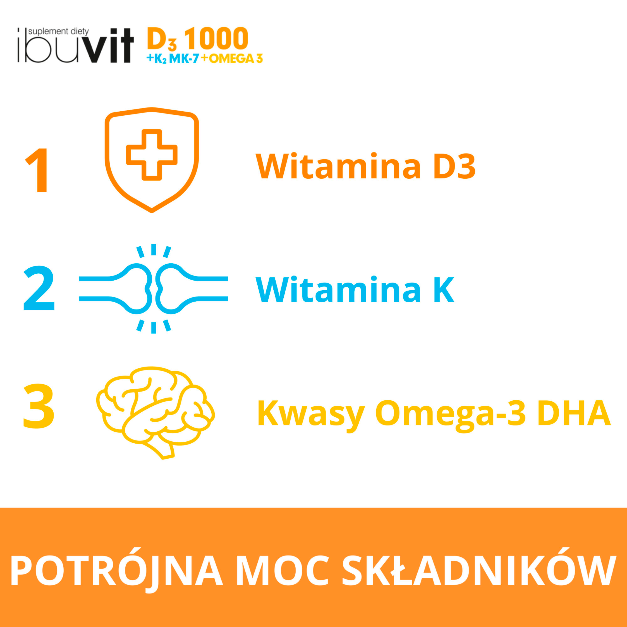 IbuVit D3 + K2 MK-7 1000 Omega-3 witamina D3 dla dzieci 6+, młodzieży i dorosłych 30 kapsułek