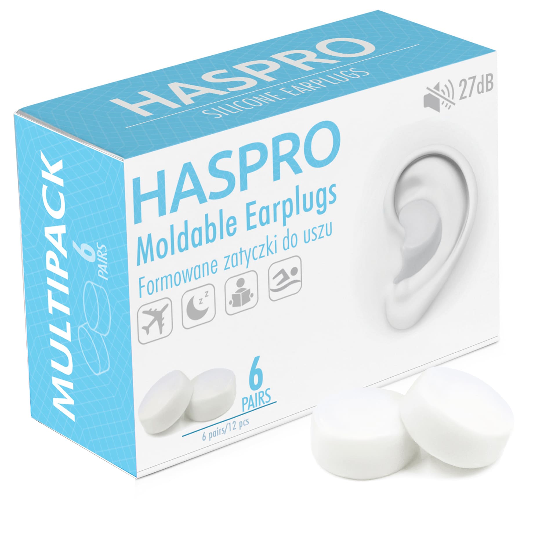 Zatyczki do uszu formowane wielorazowe Haspro Moldable EarPlugs białe 6 par zdjęcie