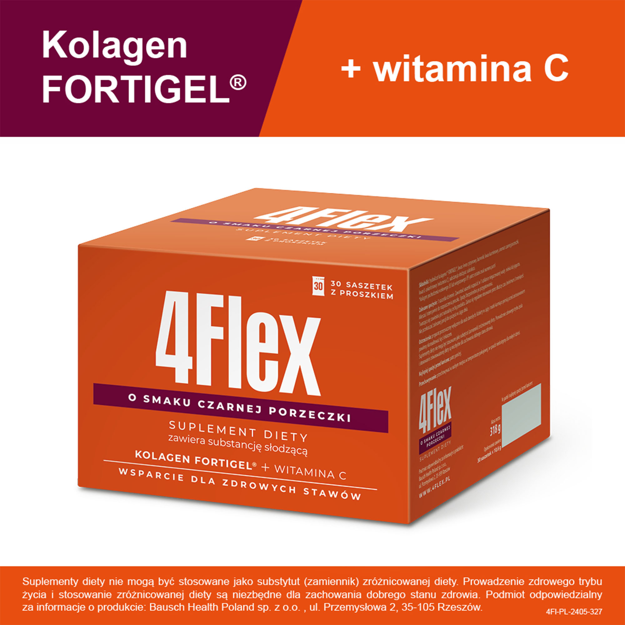 4 Flex kolagen nowej generacji z witaminą C o smaku czarnej porzeczki 30 saszetek