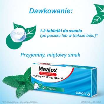 Maalox 400 mg + 400 mg, 20 tabletek do żucia lub ssania