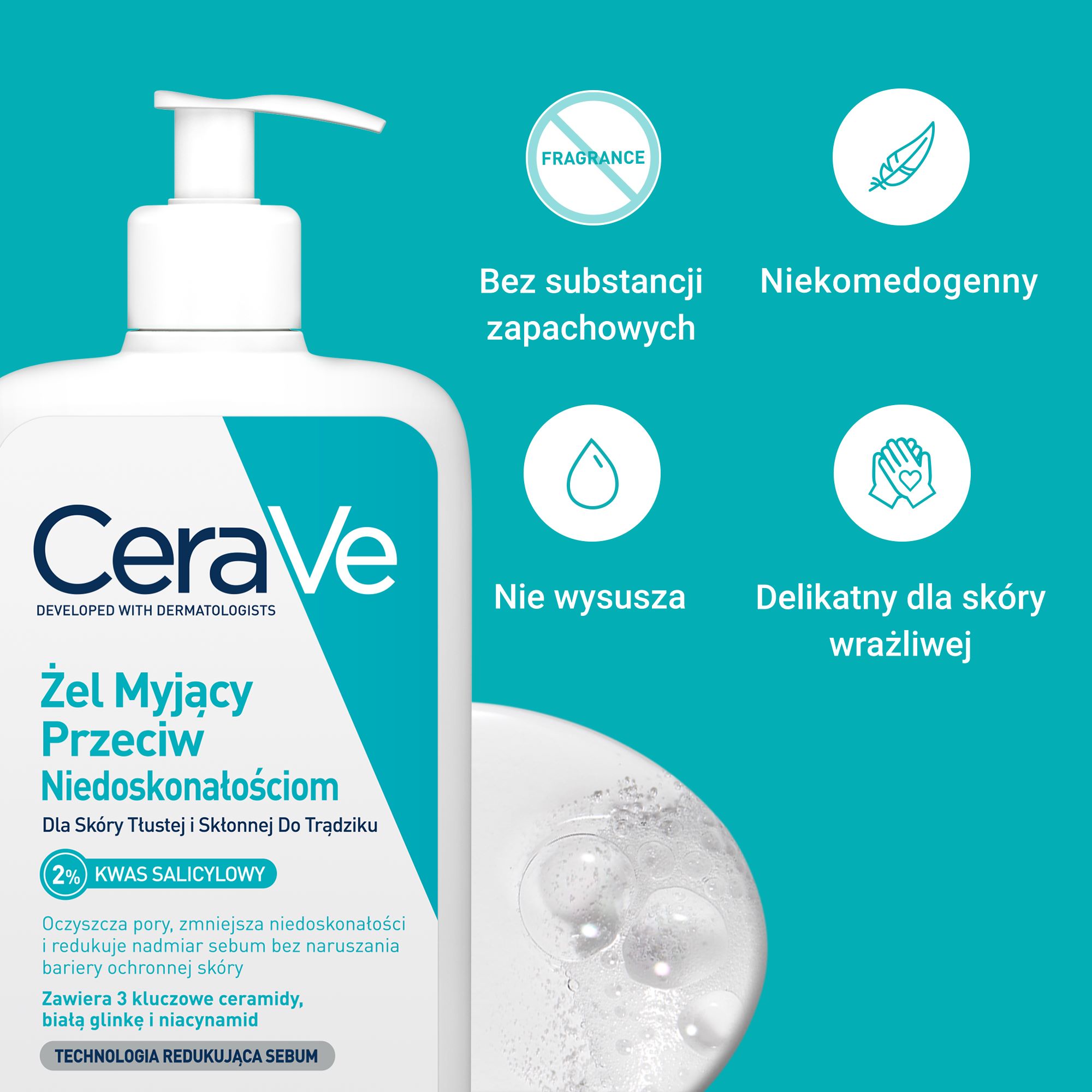 Cerave, Żel myjący przeciw niedoskonałościom dla skóry tłustej i skłonnej do trądziku, 473 ml