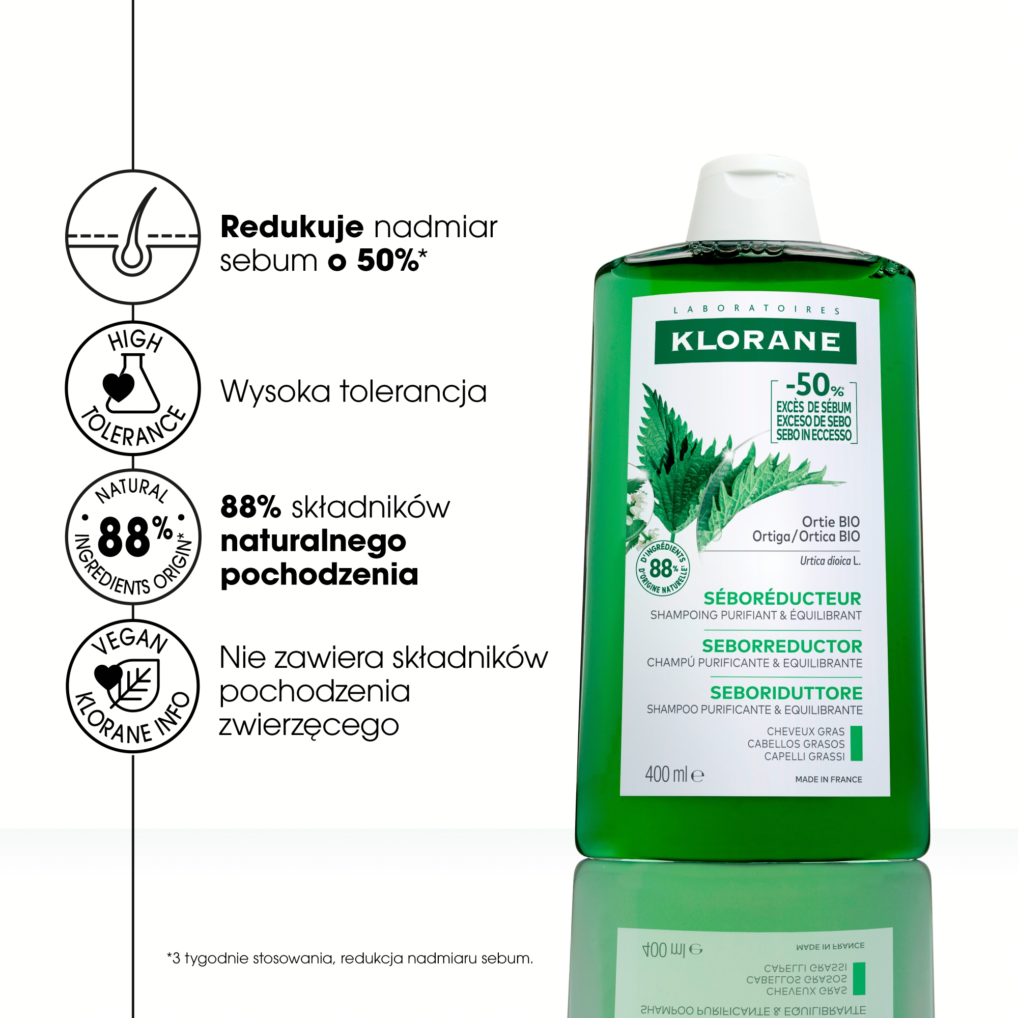 Klorane Szampon z organiczną pokrzywą seboregulujący, 400 ml