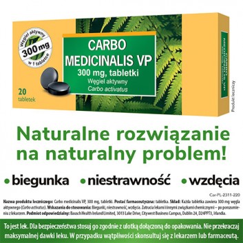 Carbo Medicinalis VP, 300 mg, węgiel aktywny w tabletkach, 20 sztuk