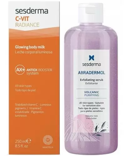Sesderma Abradermol peeling złuszczający do ciała na bazie skały wulkanicznej 250 ml + C-Vit Radiance mleczko rozświetlające do ciała 250 ml [ZESTAW] zdjęcie