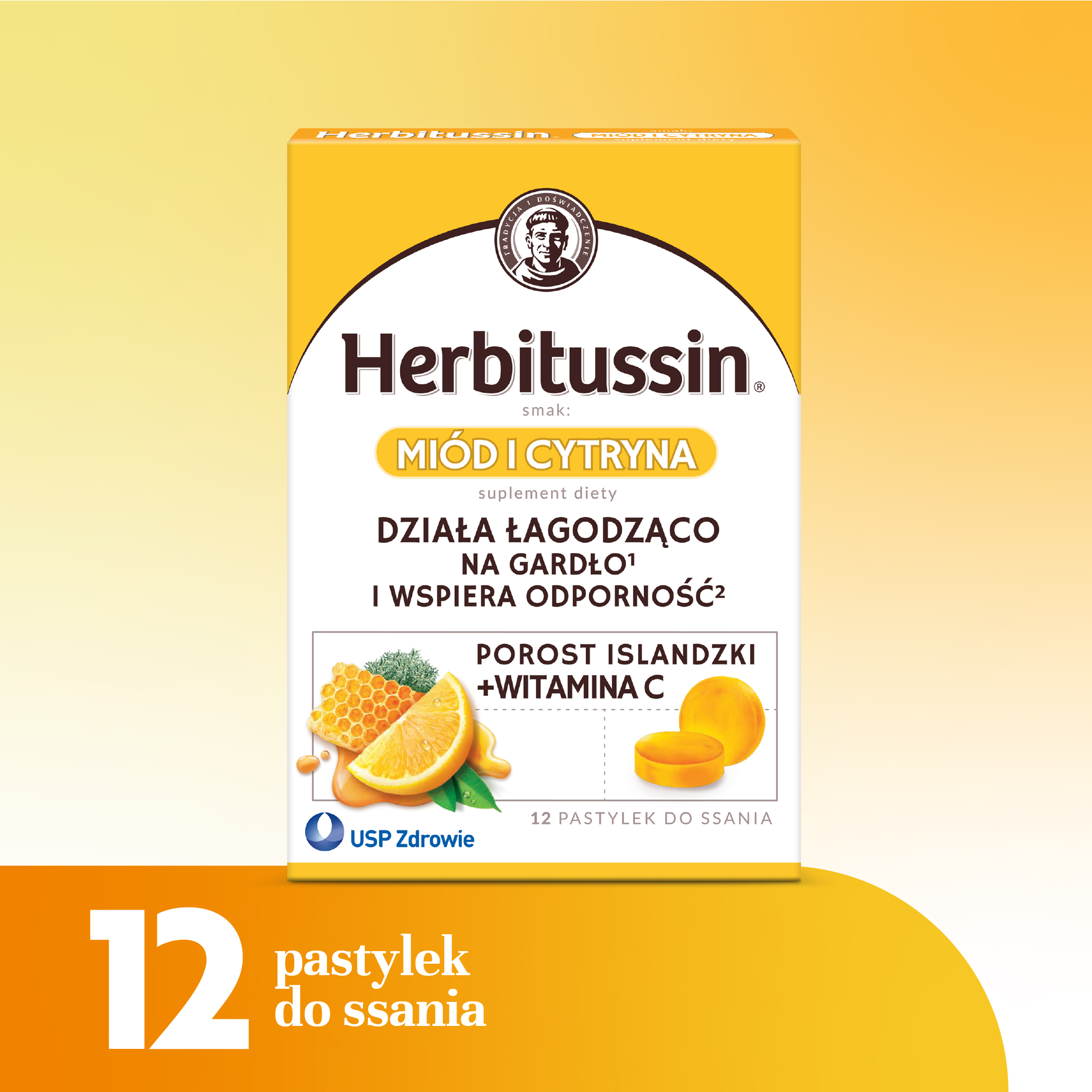 Herbitussin Miód i Cytryna porost islandzki + witamina C 12 pastylek do ssania