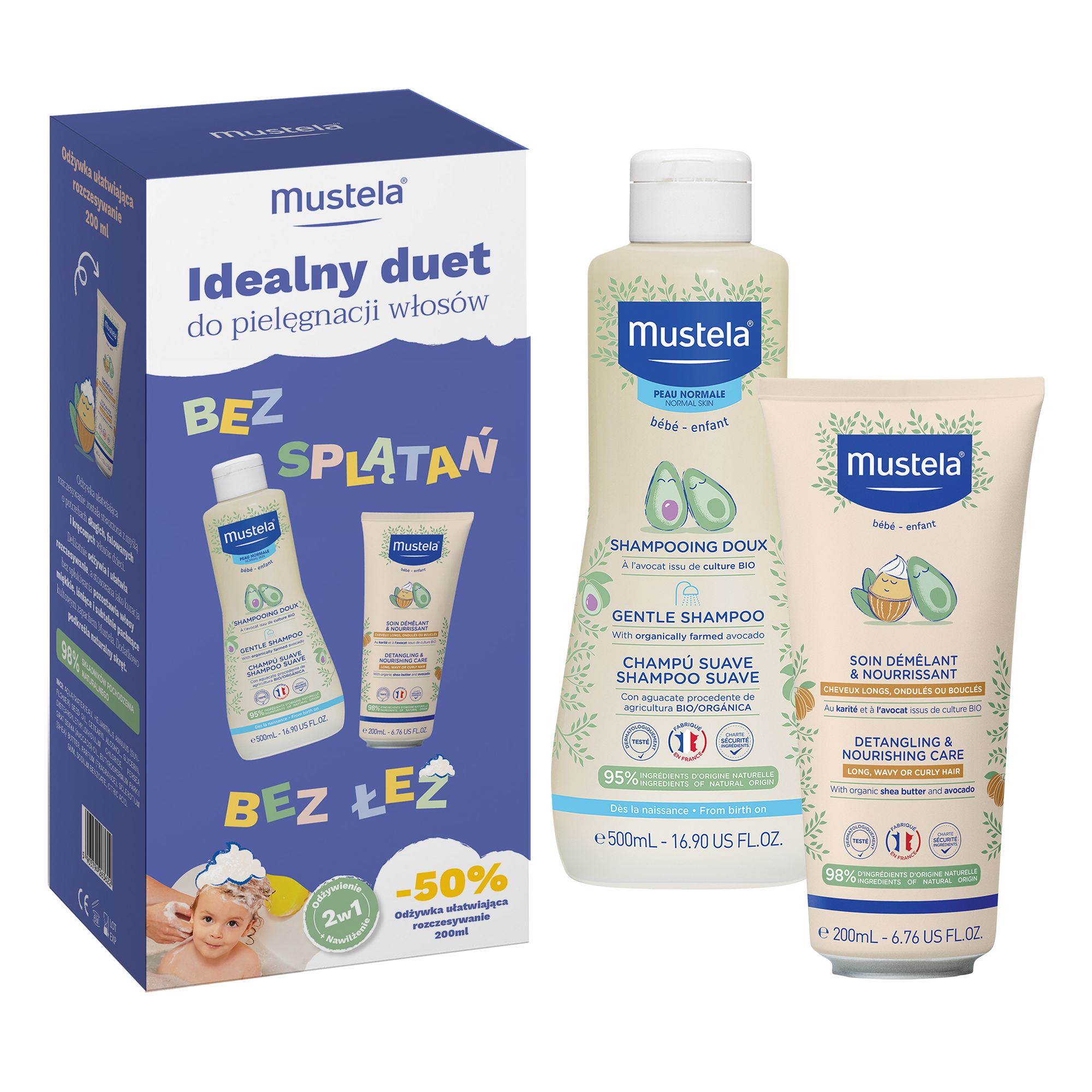 Zestaw Mustela, delikatny szampon, 500 ml + odżywka ułatwiająca rozczesywanie 2w1, 200 ml zdjęcie