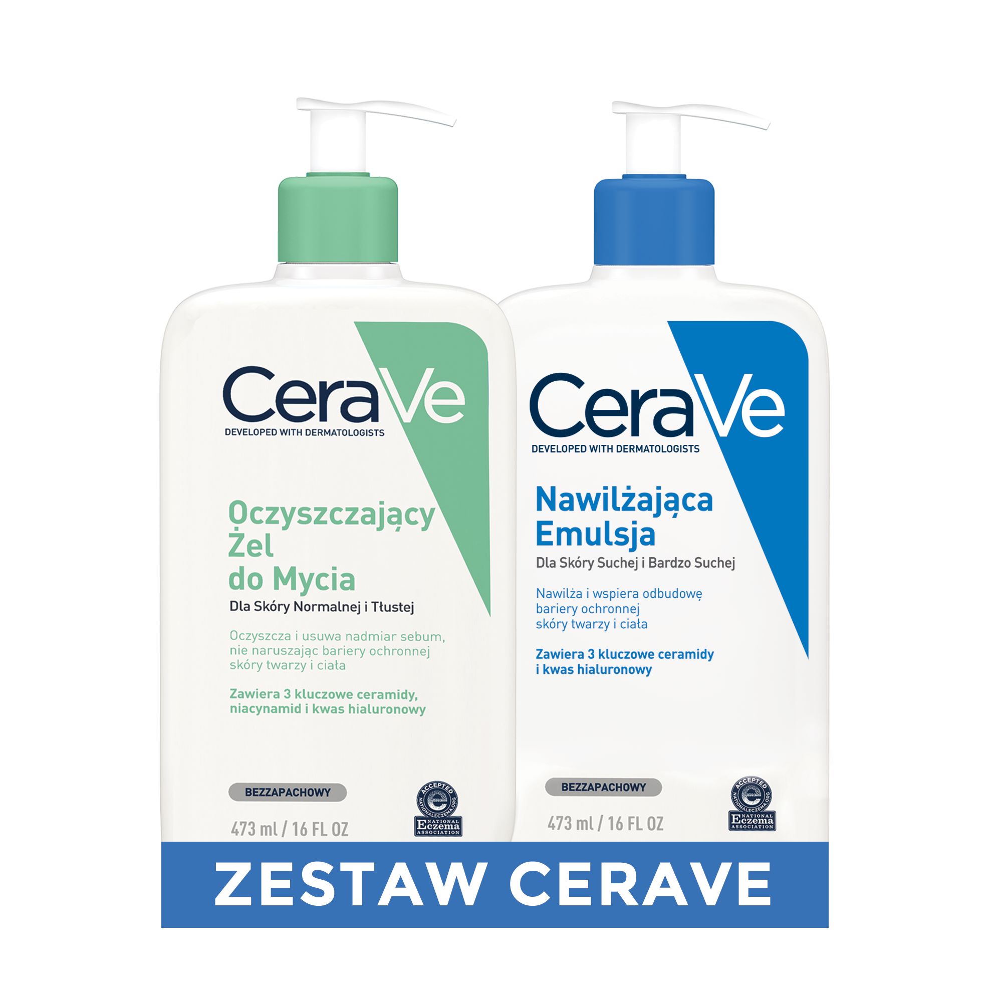 CERAVE Oczyszczający Żel do Mycia z ceramidami dla skóry normalnej i tłustej, 473 ml + CERAVE Nawilżająca emulsja do twarzy i ciała do skóry suchej i bardzo suchej, 473 ml