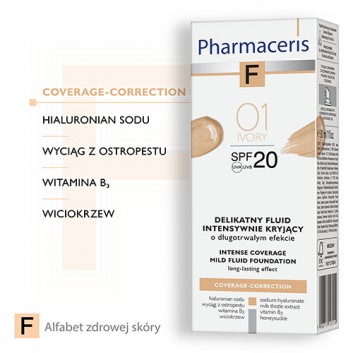PHARMACERIS F, delikatny fluid intensywnie kryjący SPF 20 ivory 01 (kość słoniowa), 30 ml