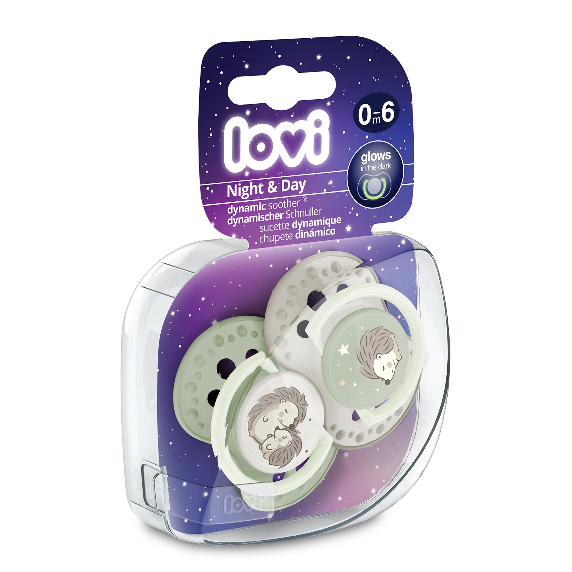 Lovi Smoczek silikonowy dynamiczny 0-6 m Night&Day Hedgehog, 2 sztuki zdjęcie