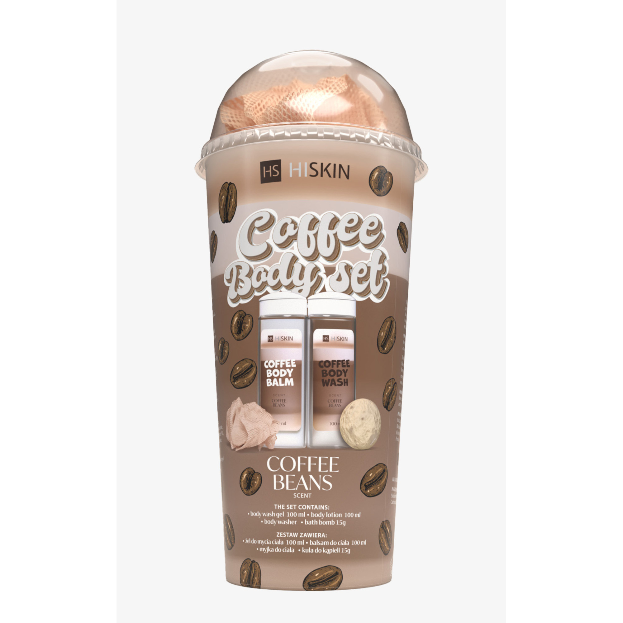Hiskin Coffe Body Set zestaw, żel pod prysznic, 100 ml, balsam do ciała, 100 ml, myjka, 1 sztuka, mini kula do kąpieli, 15 g zdjęcie