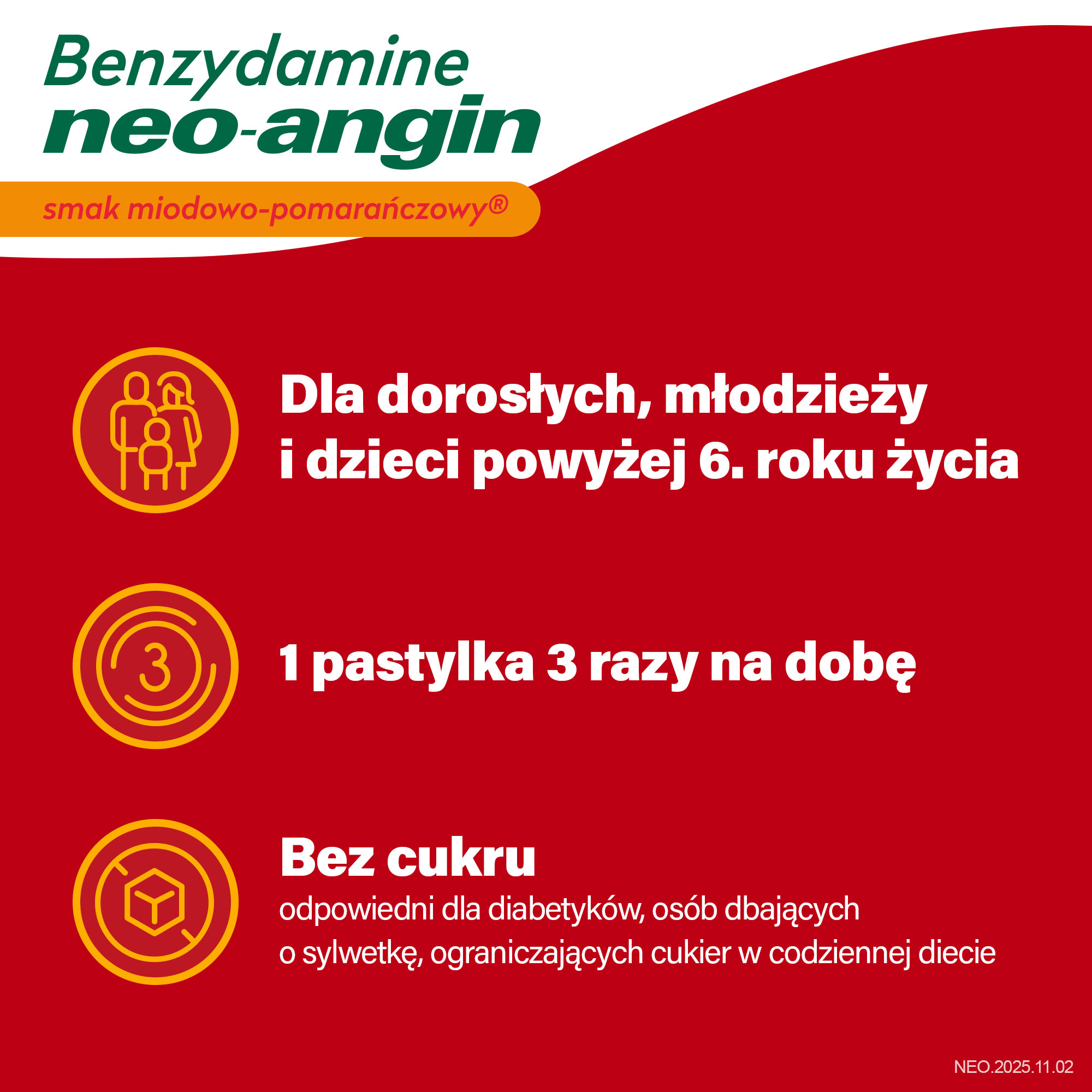 Benzydamine neo-angin smak miodowo-pomarańczowy, tabletki, 20 sztuk