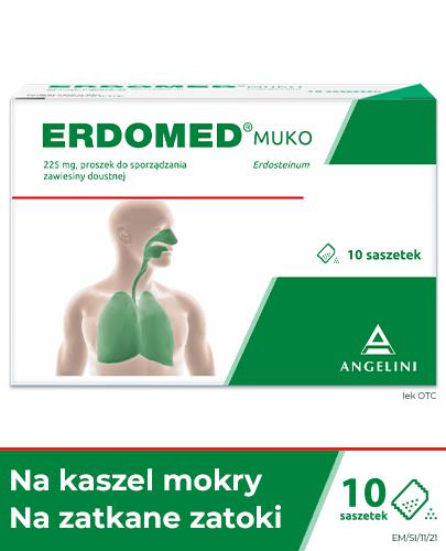 Erdomed Muko, 225 mg, na kaszel mokry i zatkane zatoki, proszek do sporządzania zawiesiny doustnej, 10 saszetek, cena, opinie, wskazania  zdjęcie