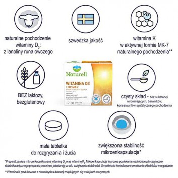 Naturell Witamina D3 + K2 MK-7, 60 tabletek do ssania