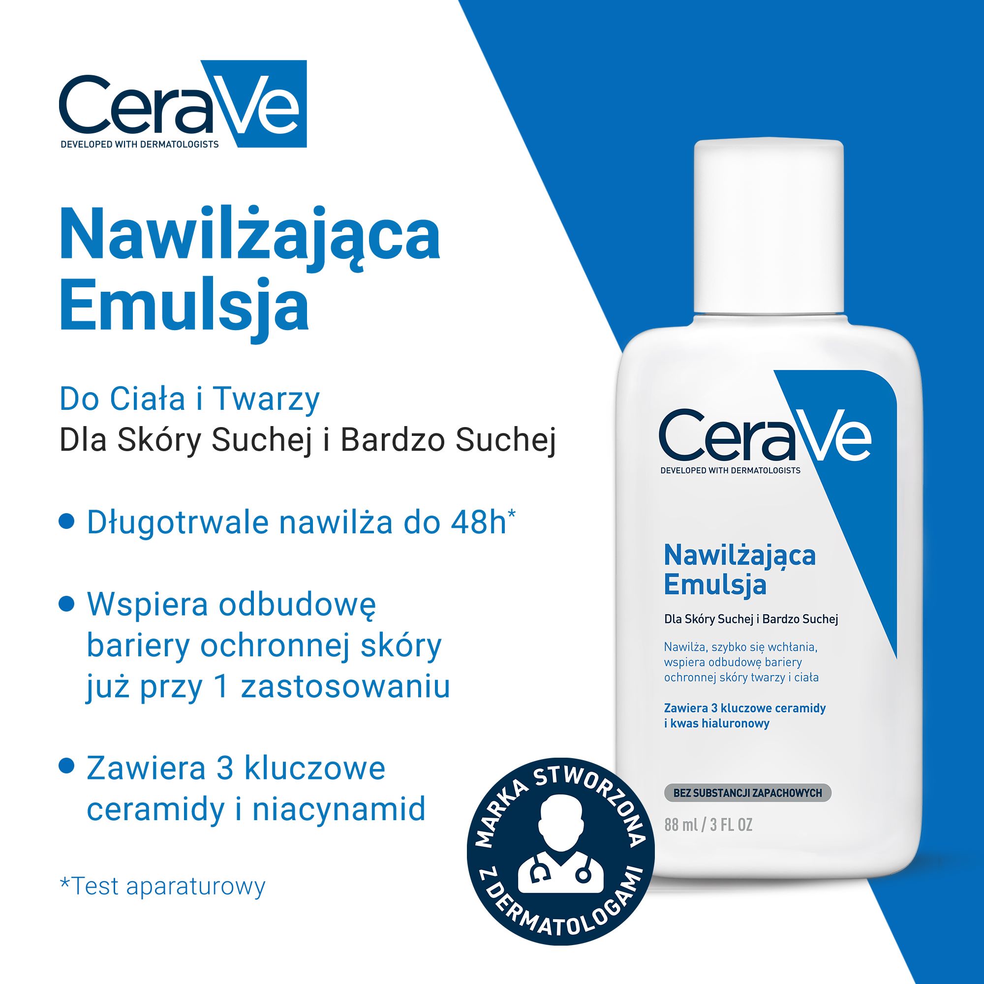 Cerave, Nawilżająca, emulsja do twarzy i ciała, do skóry suchej i bardzo suchej, 88 ml
