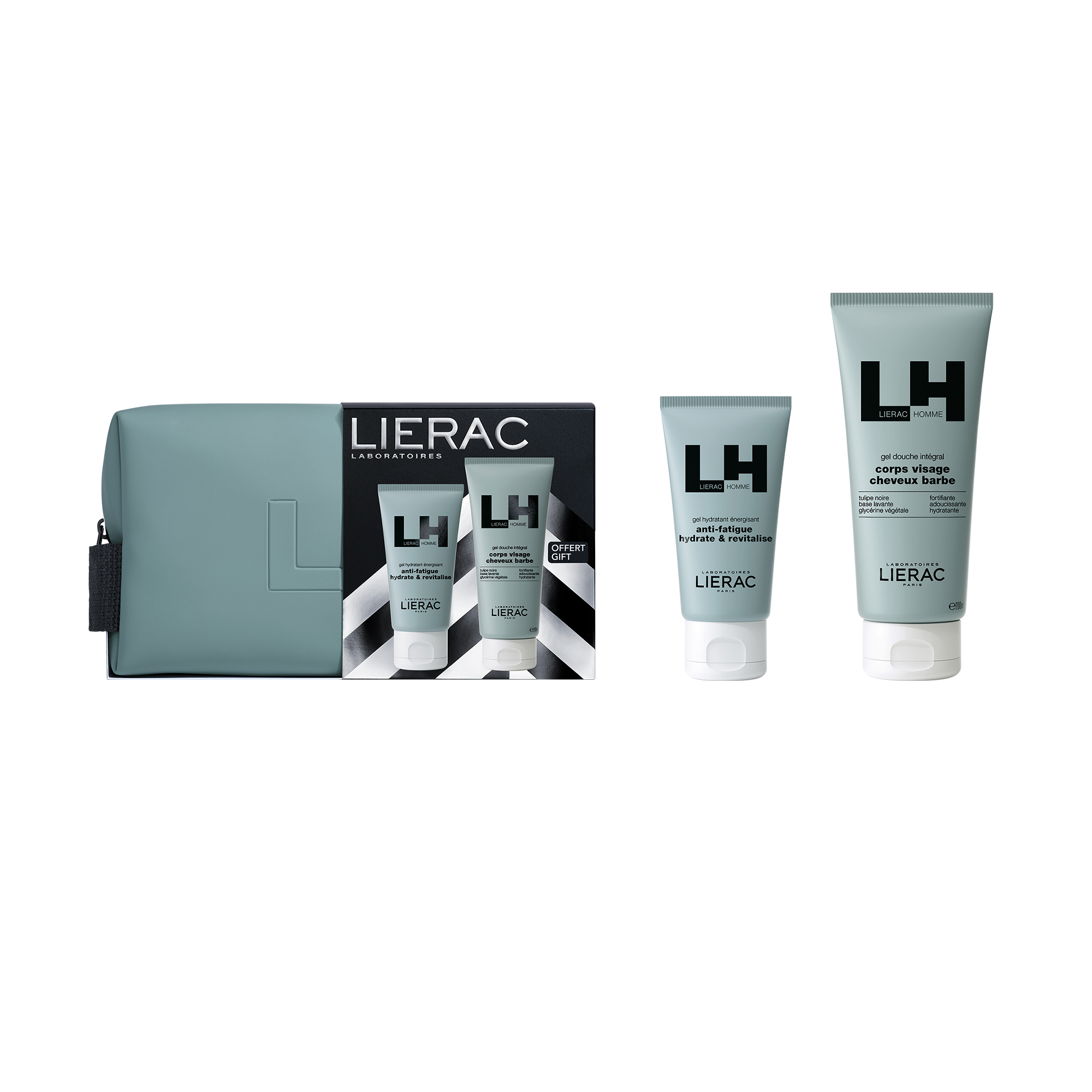 Zestaw Lierac Homme, żel nawilżający do twarzy, 50 ml + żel pod prysznic, 200 ml + kosmetyczka