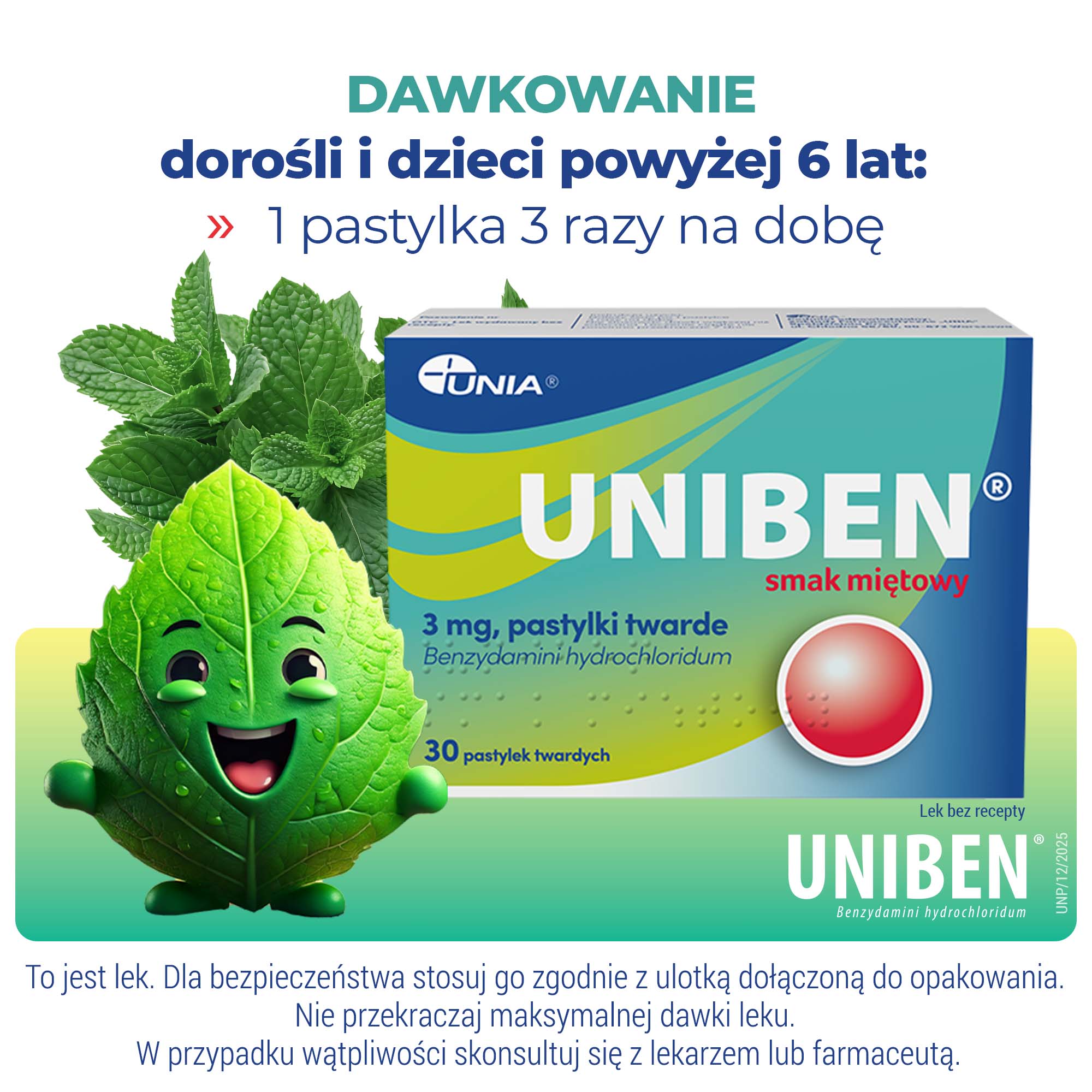 Uniben smak miętowy, 3 mg, pastylki twarde, 30 sztuk