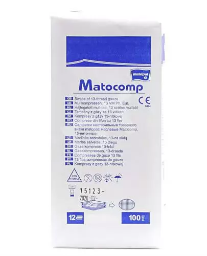 Matocomp kompresy niejałowe z gazy 13-nitkowej 12 warstwowej 10cm x 10cm 100 sztuk zdjęcie