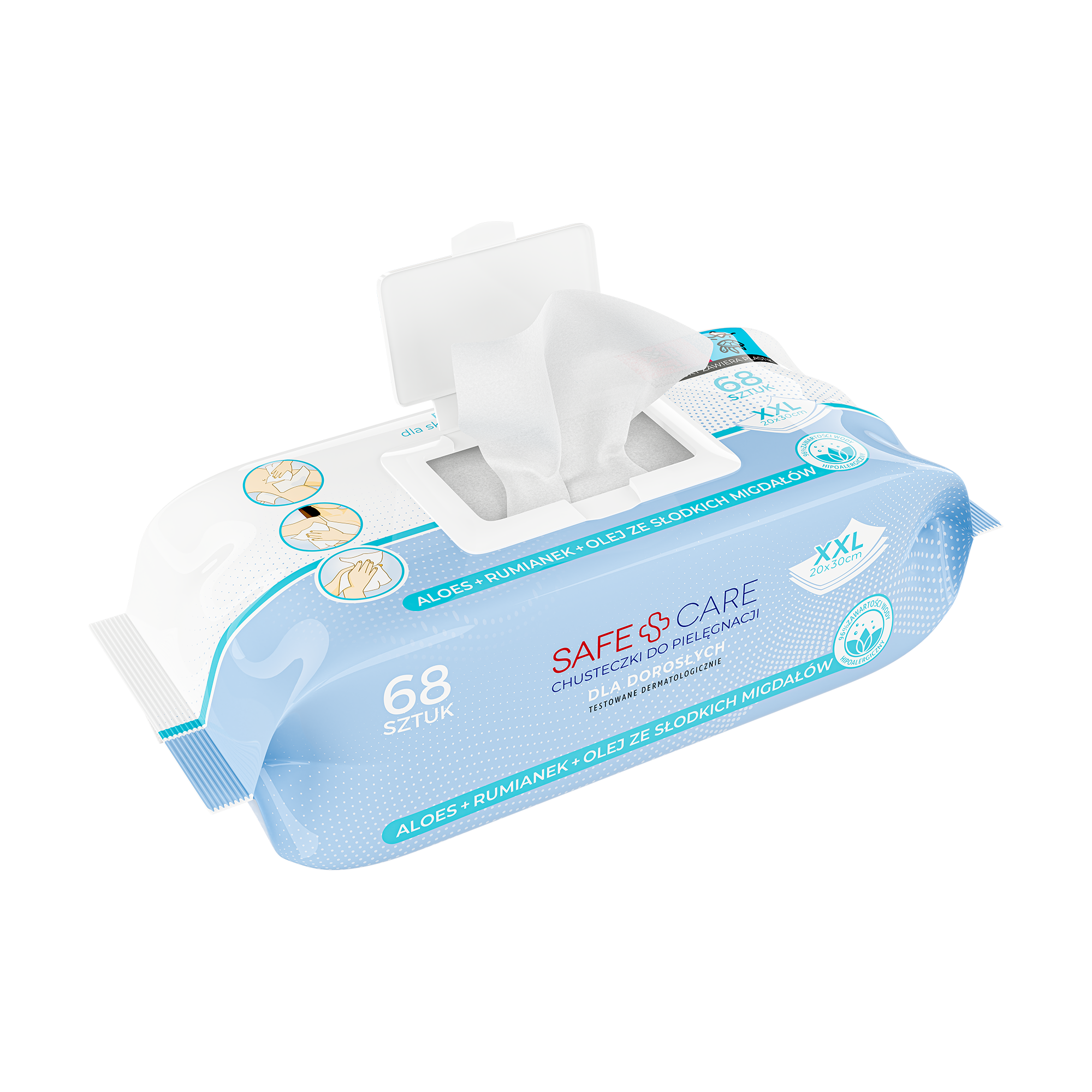Safe&Care, chusteczki do pielęgnacji dla dorosłych XXL, 68 sztuk