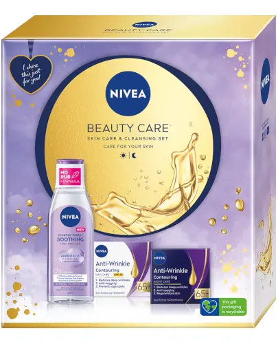 Nivea Beauty Care przeciwzmarszczkowy modelujący krem na dzień 65+ 50 ml + przeciwzmarszczkowy modelujący krem na noc 65+ 50 ml + kojący płyn micelarny dla cery wrażliwej i nadwrażliwej 200 ml [ZESTAW] zdjęcie