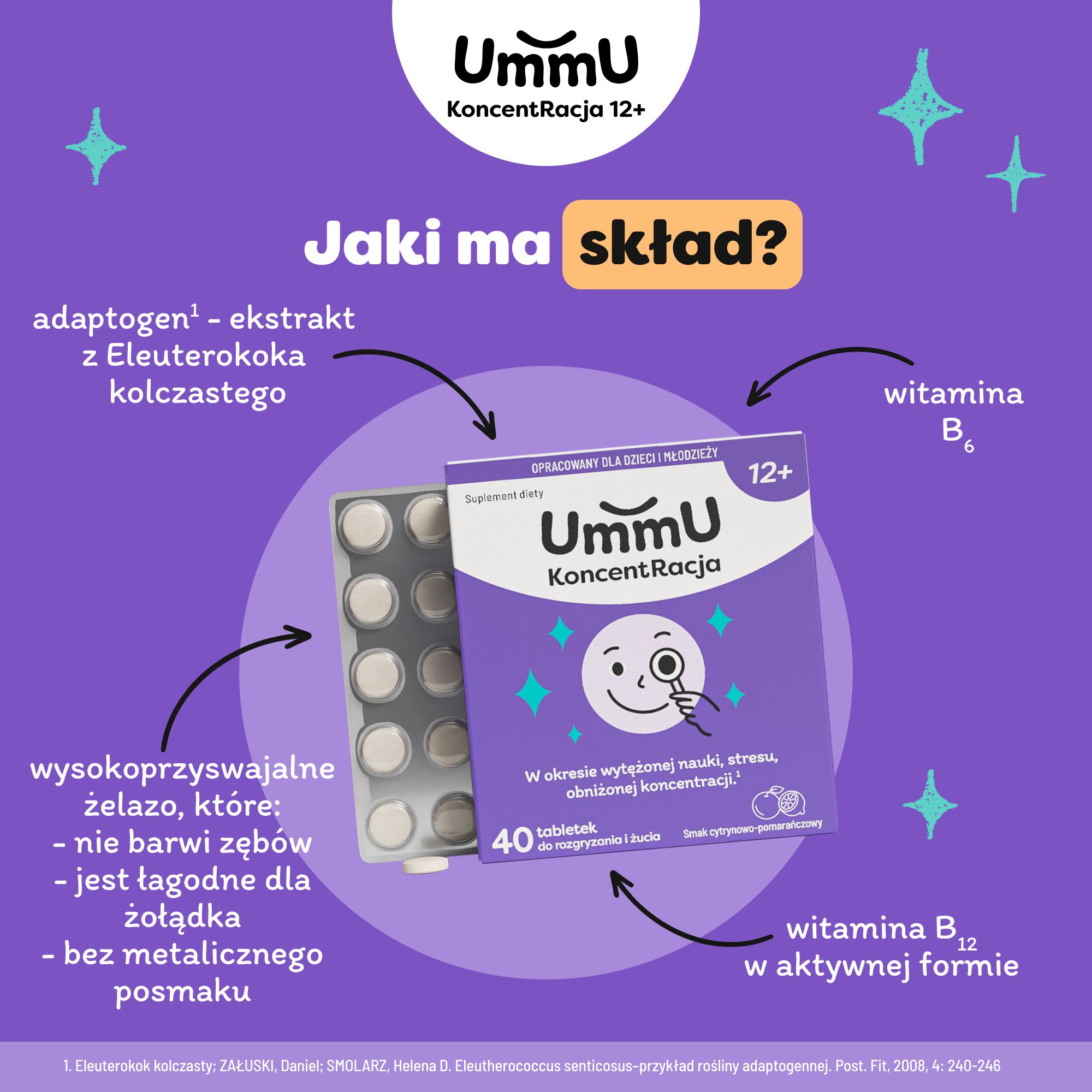 UmmU Koncetracja 12+, tabletki do rozgryzania, 40 sztuk 