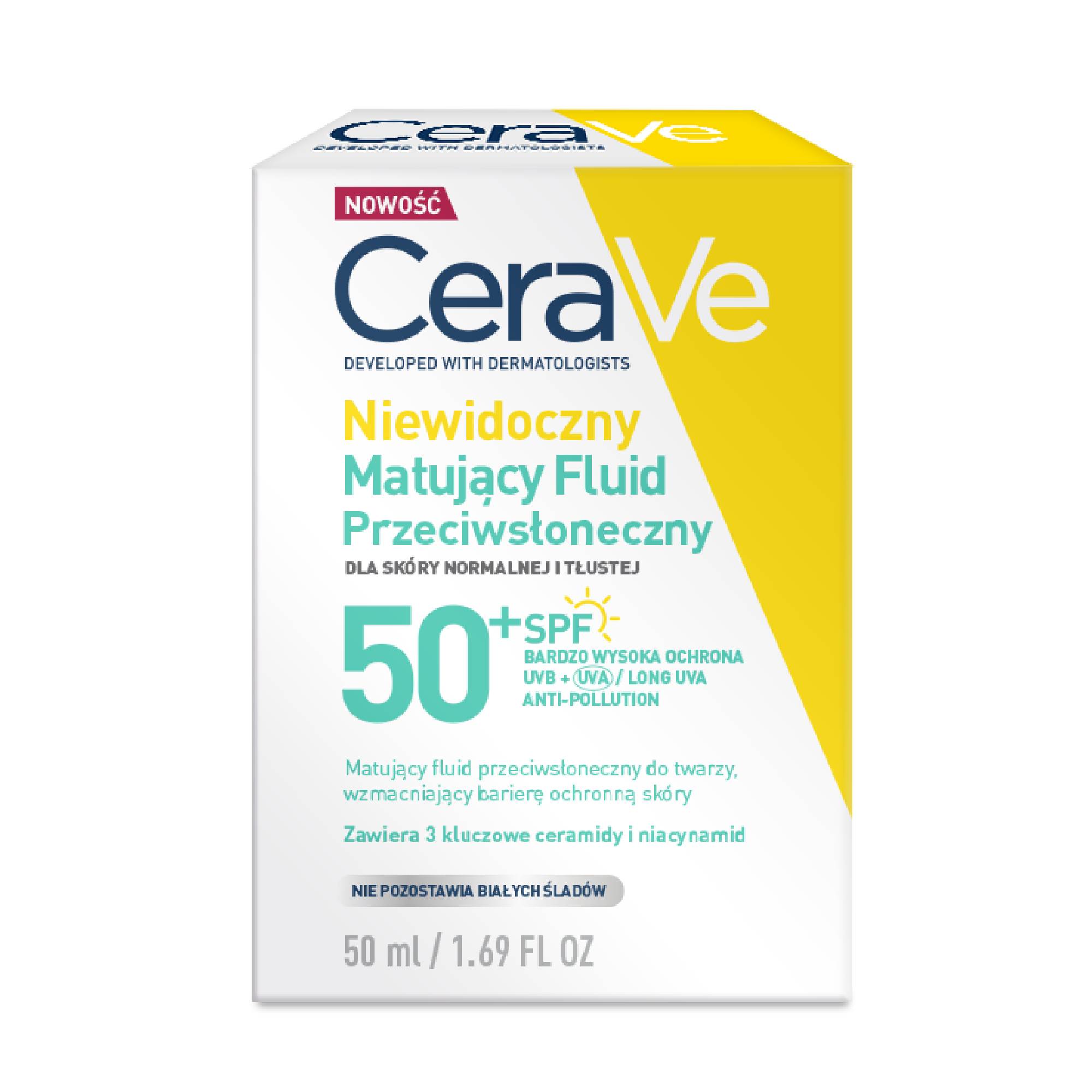 Cerave Sun, niewidoczny matujący fluid przeciwsłoneczny do skóry tłustej SPF 50+, 50 ml