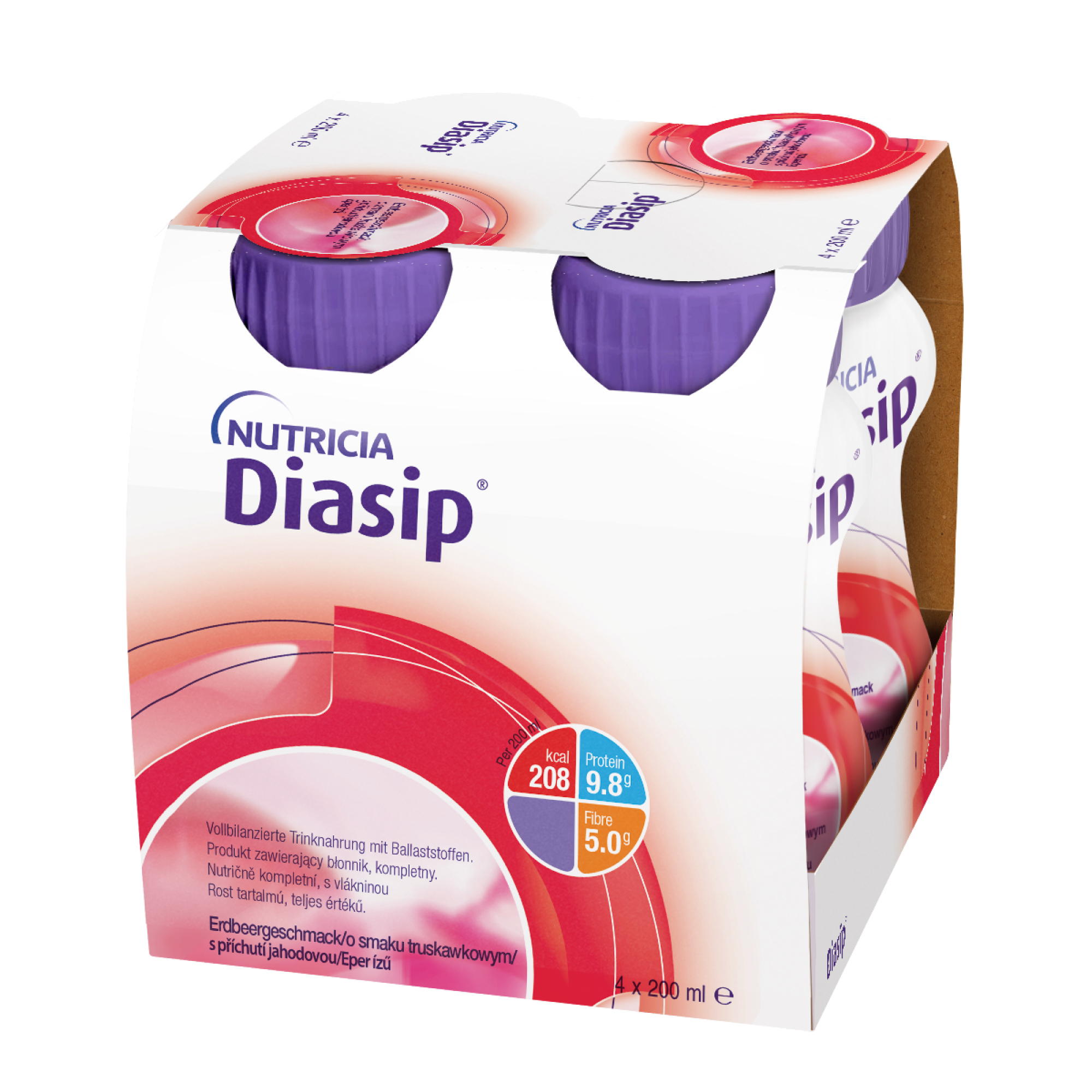 Diasip płyn o smaku truskawkowym, 4 x 200 ml