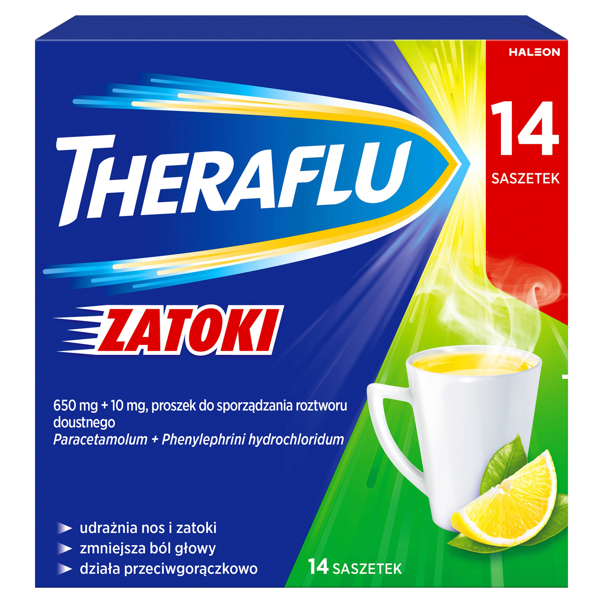 Theraflu Zatoki, 650 mg+10 mg, proszek do sporządzenia roztworu doustnego, saszetki, 14 sztuk zdjęcie