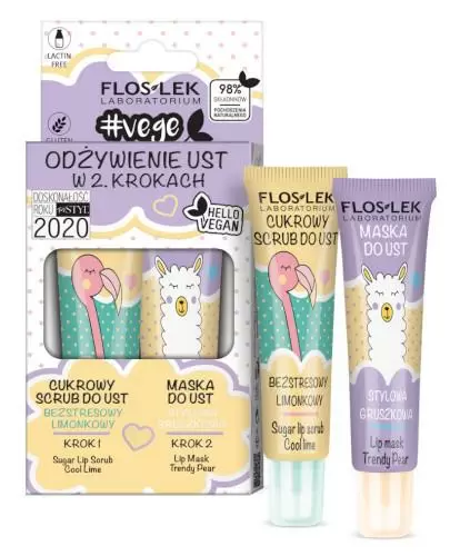 Flos-Lek Vege Lip Care Odżywienie ust w 2 krokach cukrowy scrub bezstresowy limonkowy 14 g + maska do ust stylowa gruszkowa 14 g [ZESTAW] zdjęcie